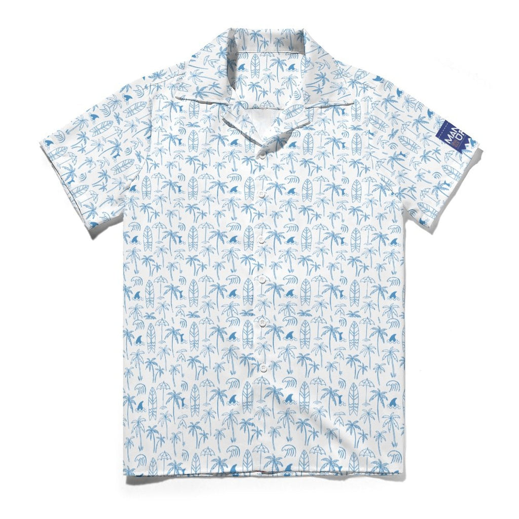 Cool Dad Collection: Men’s Blue and White Surfer Short Sleeve Button Down Shirt with Cuban Collar