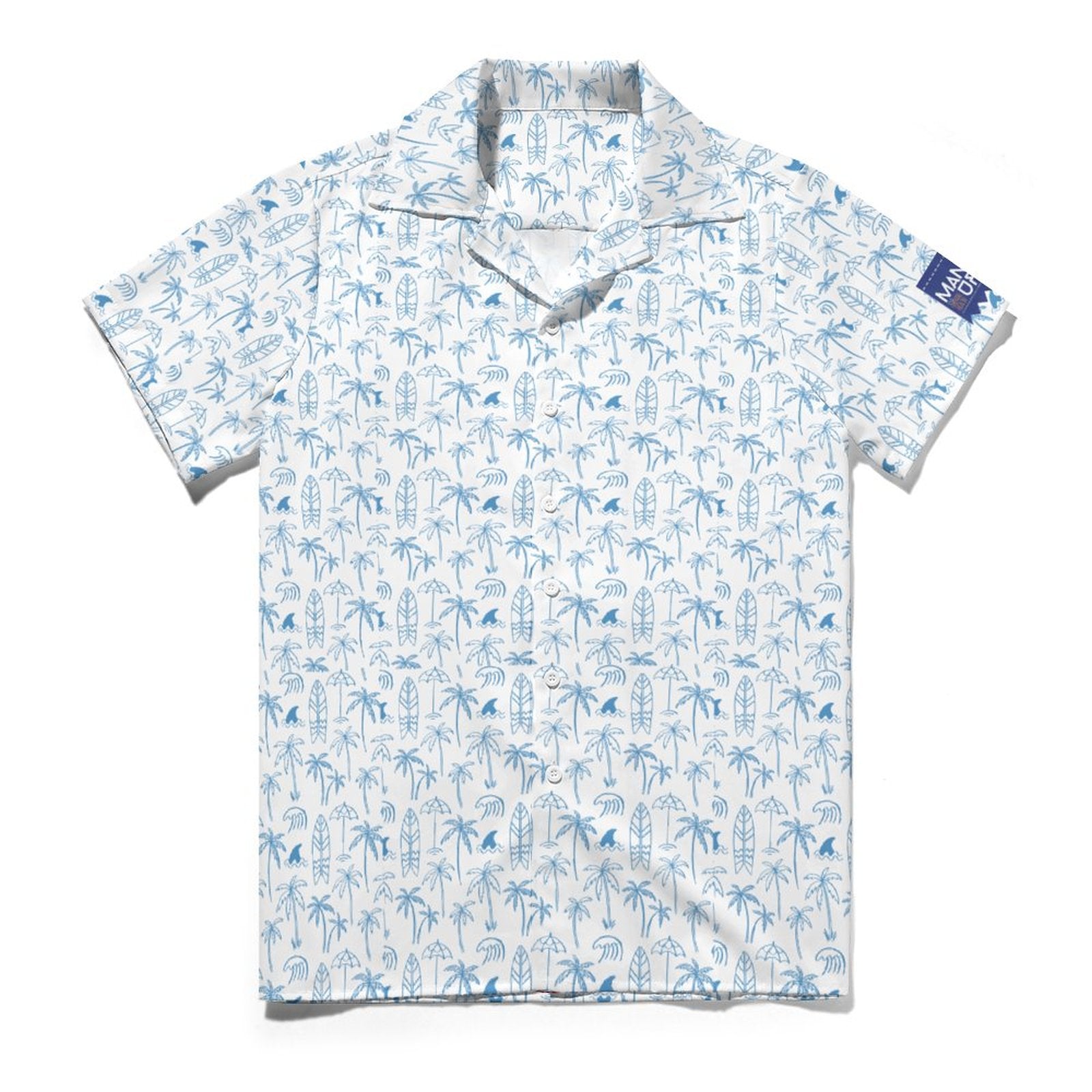 Cool Dad Collection: Men’s Blue and White Surfer Short Sleeve Button Down Shirt with Cuban Collar