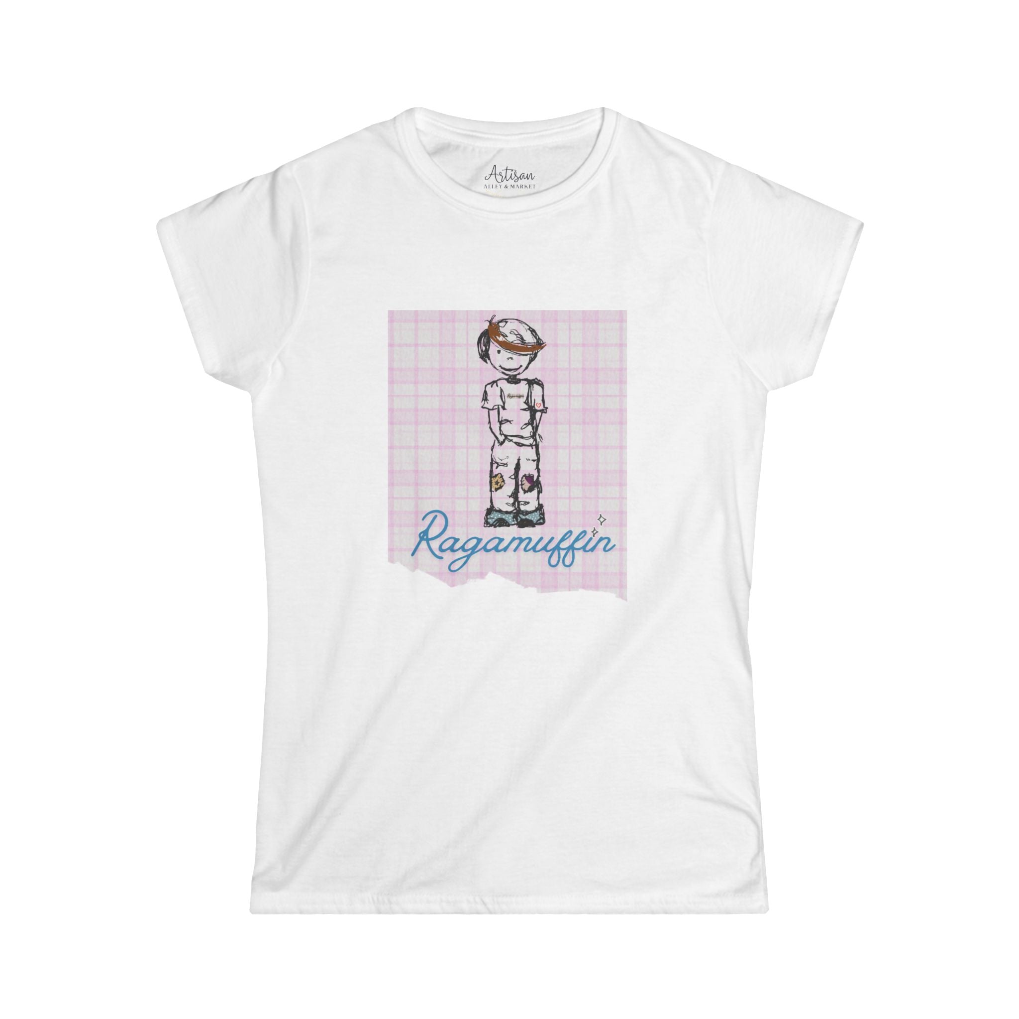 Ragamuffin Graphic Tee — Vintage Kid Illustration on Pink Plaid