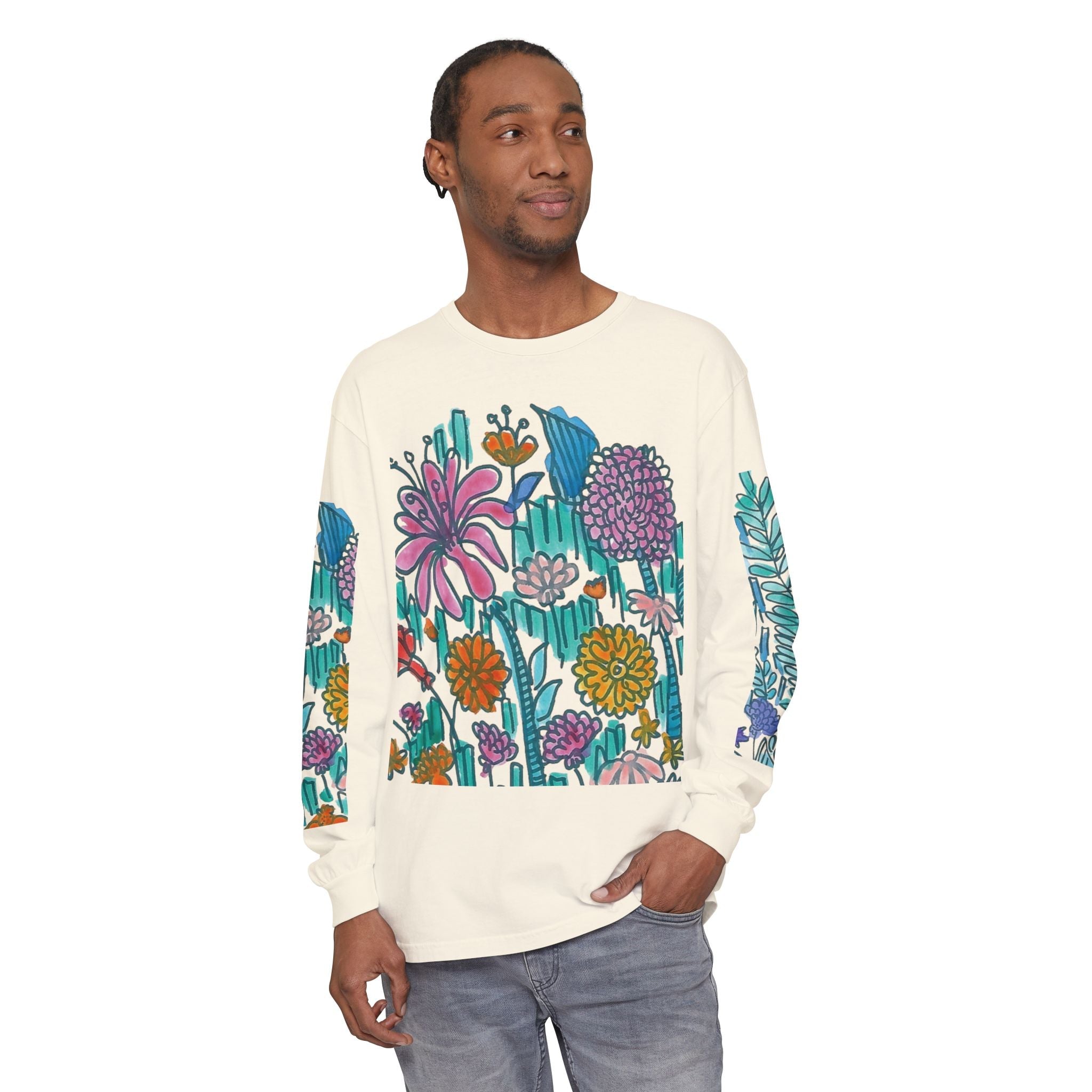 Floral Garden Long Sleeve Shirt — Colorful Botanical Sleeve & Chest Print