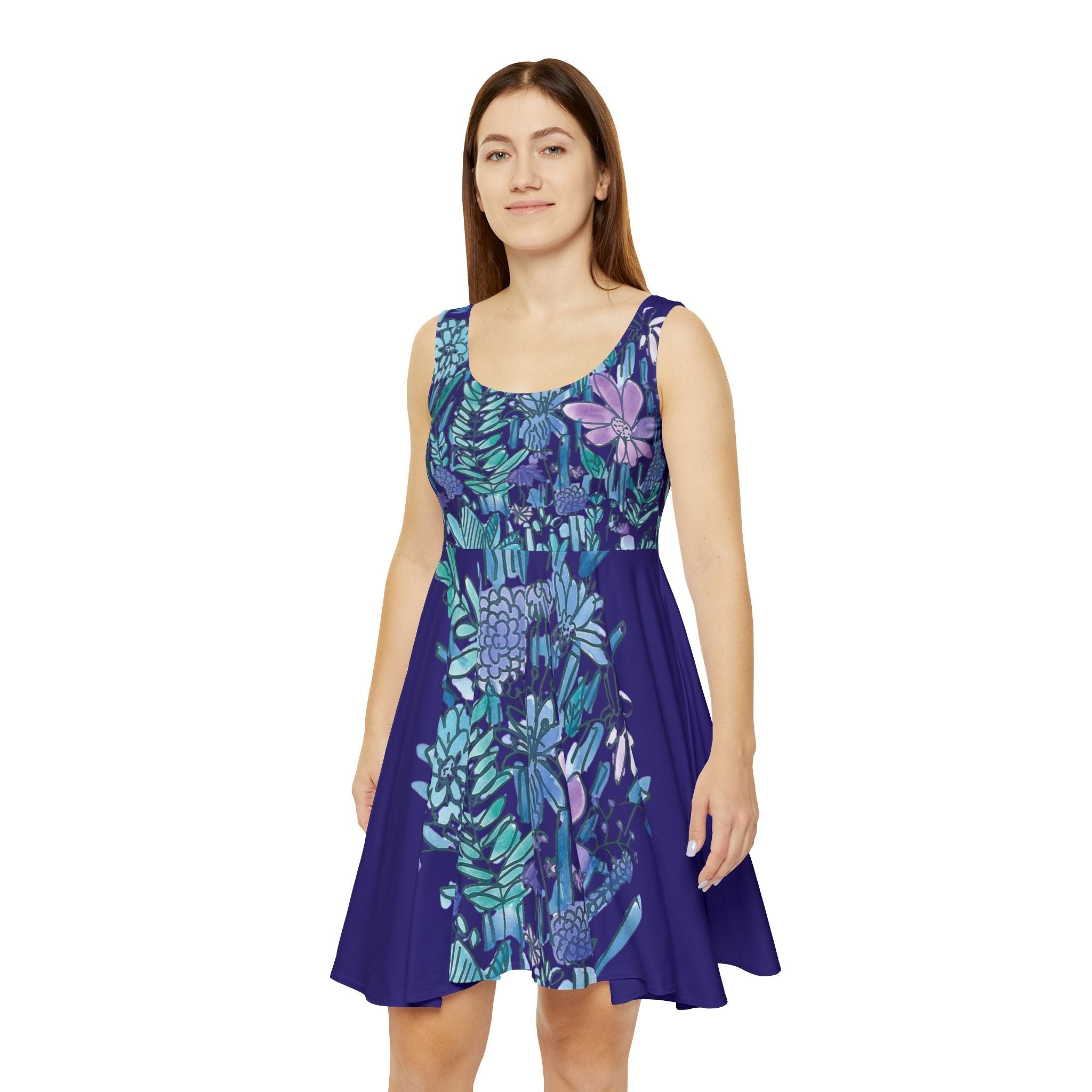 Fleur Sauvage Indigo Skater Dress – Blue Violet Botanical Print