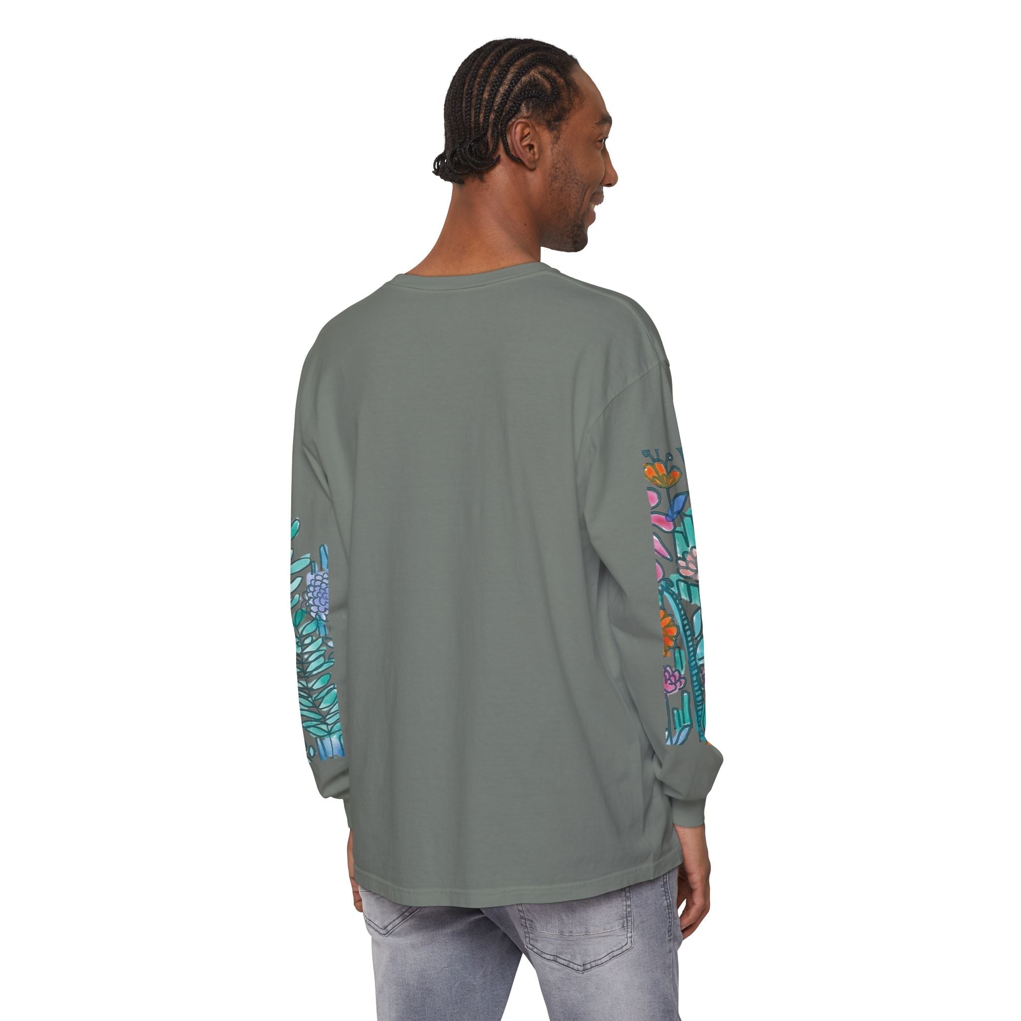 Floral Garden Long Sleeve Shirt — Colorful Botanical Sleeve & Chest Print