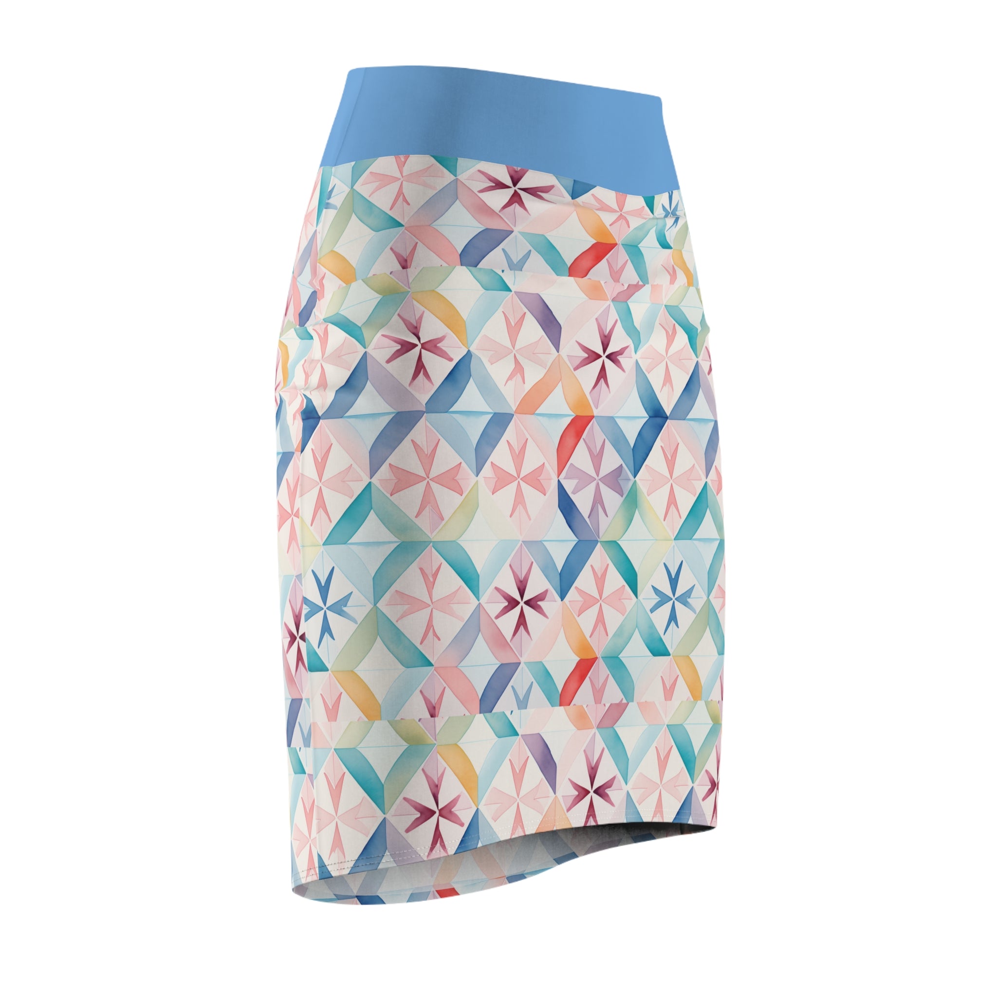 Pastel Geometric Pencil Skirt — Watercolor Tile Print, High-Waist Summer Workwear