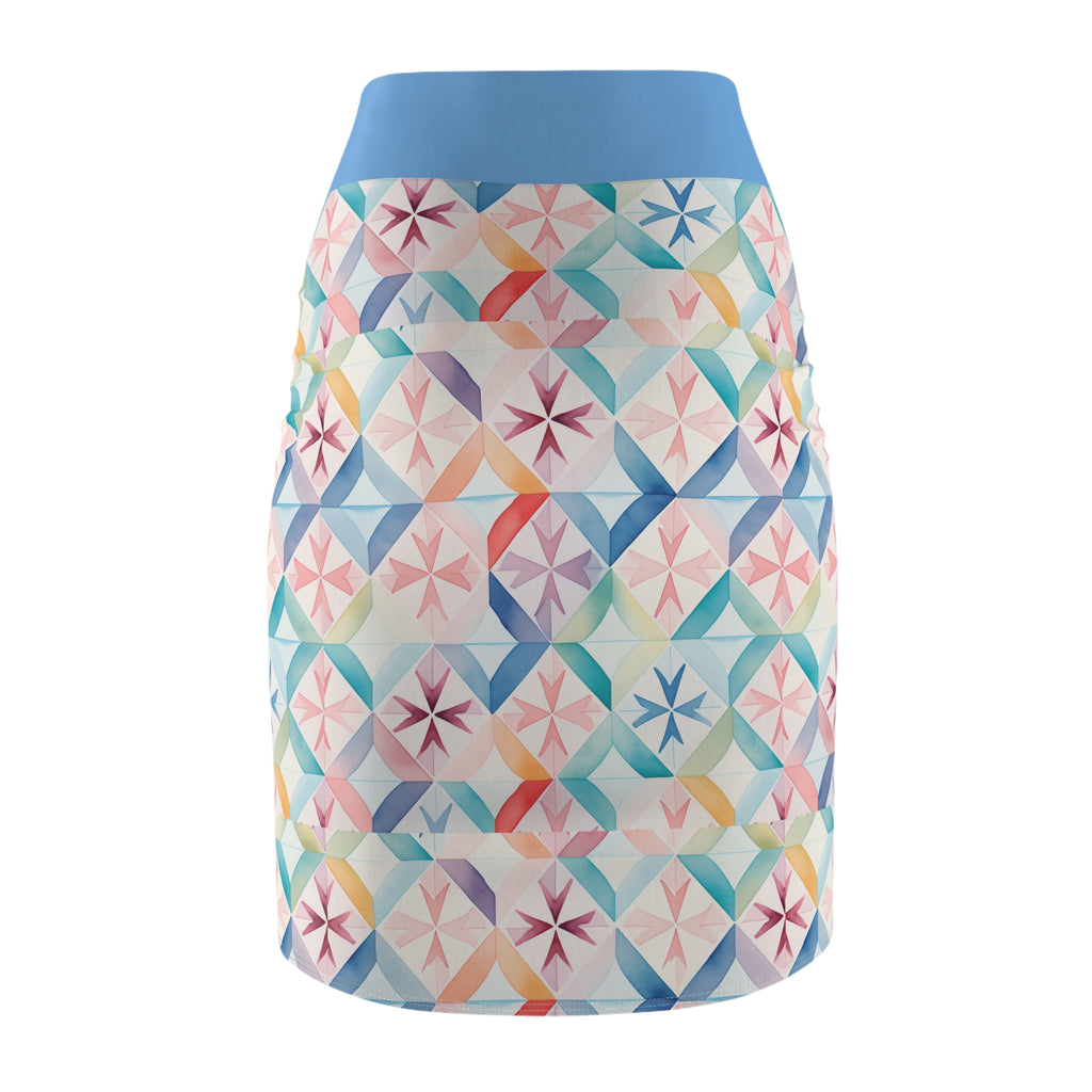 Pastel Geometric Pencil Skirt — Watercolor Tile Print, High-Waist Summer Workwear