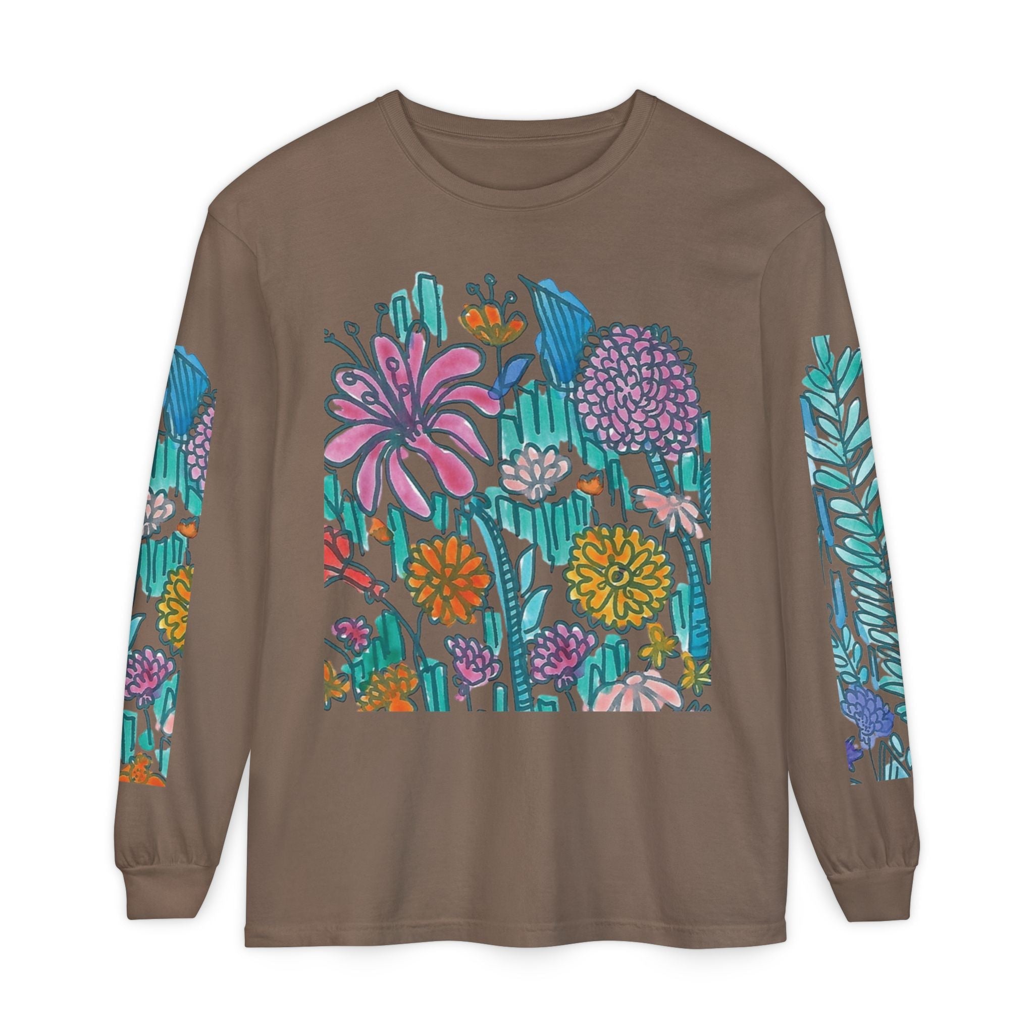 Floral Garden Long Sleeve Shirt — Colorful Botanical Sleeve & Chest Print