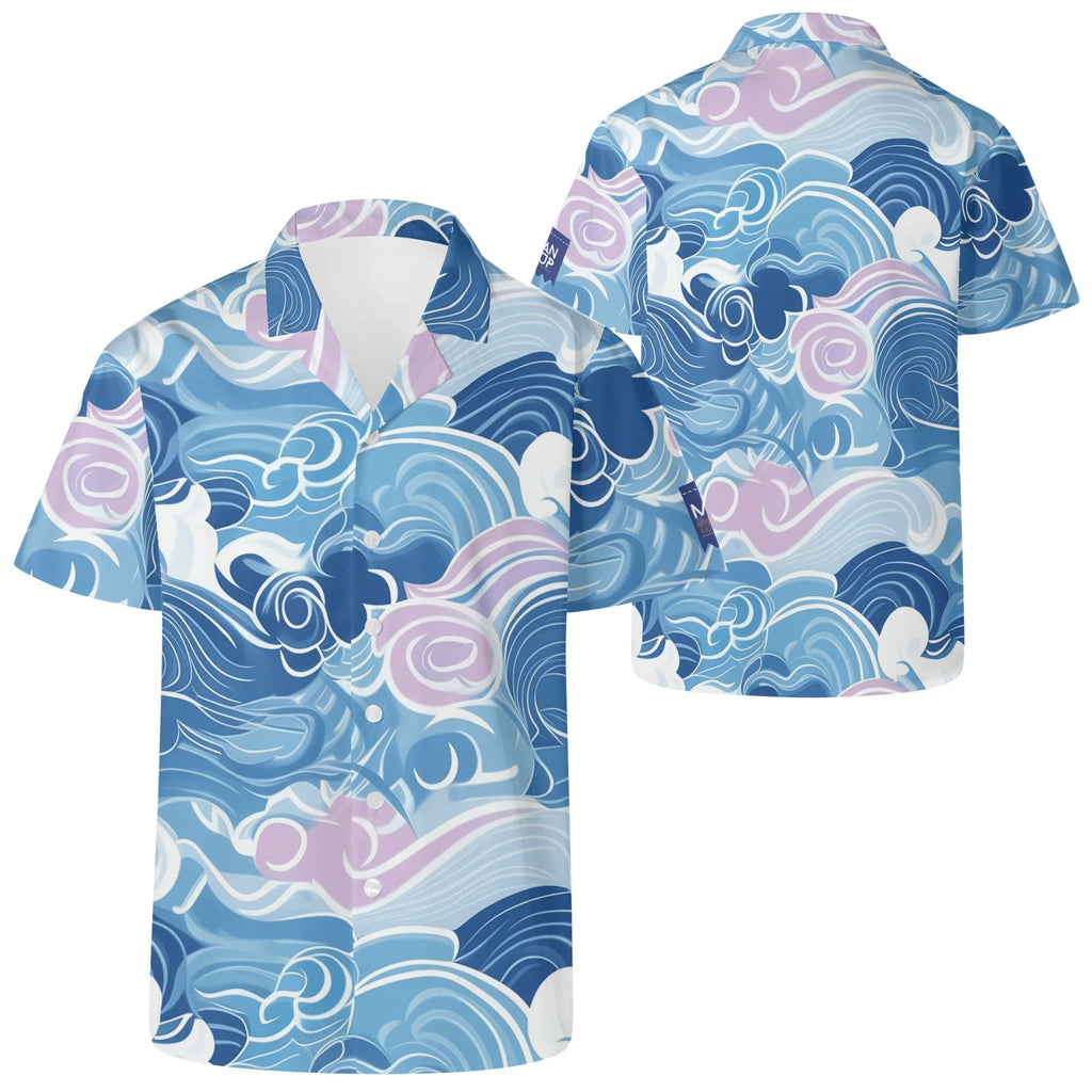 Cool Dad Collection: Men’s Blue Waves Short Sleeve Button Down Shirt with Cuban Collar