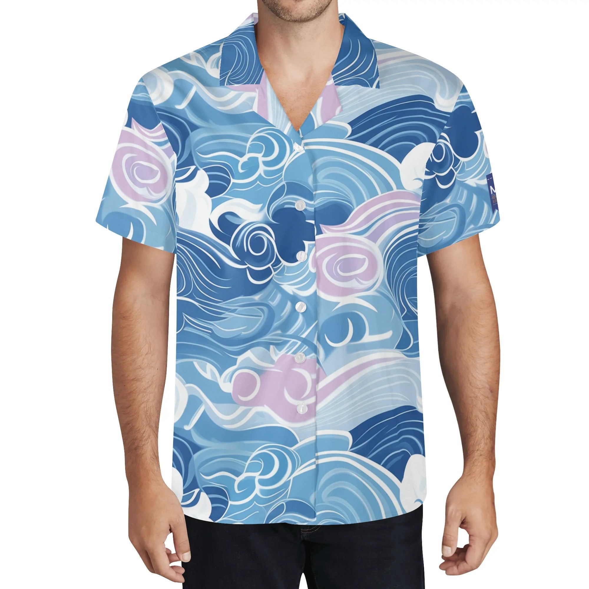 Cool Dad Collection: Men’s Blue Waves Short Sleeve Button Down Shirt with Cuban Collar
