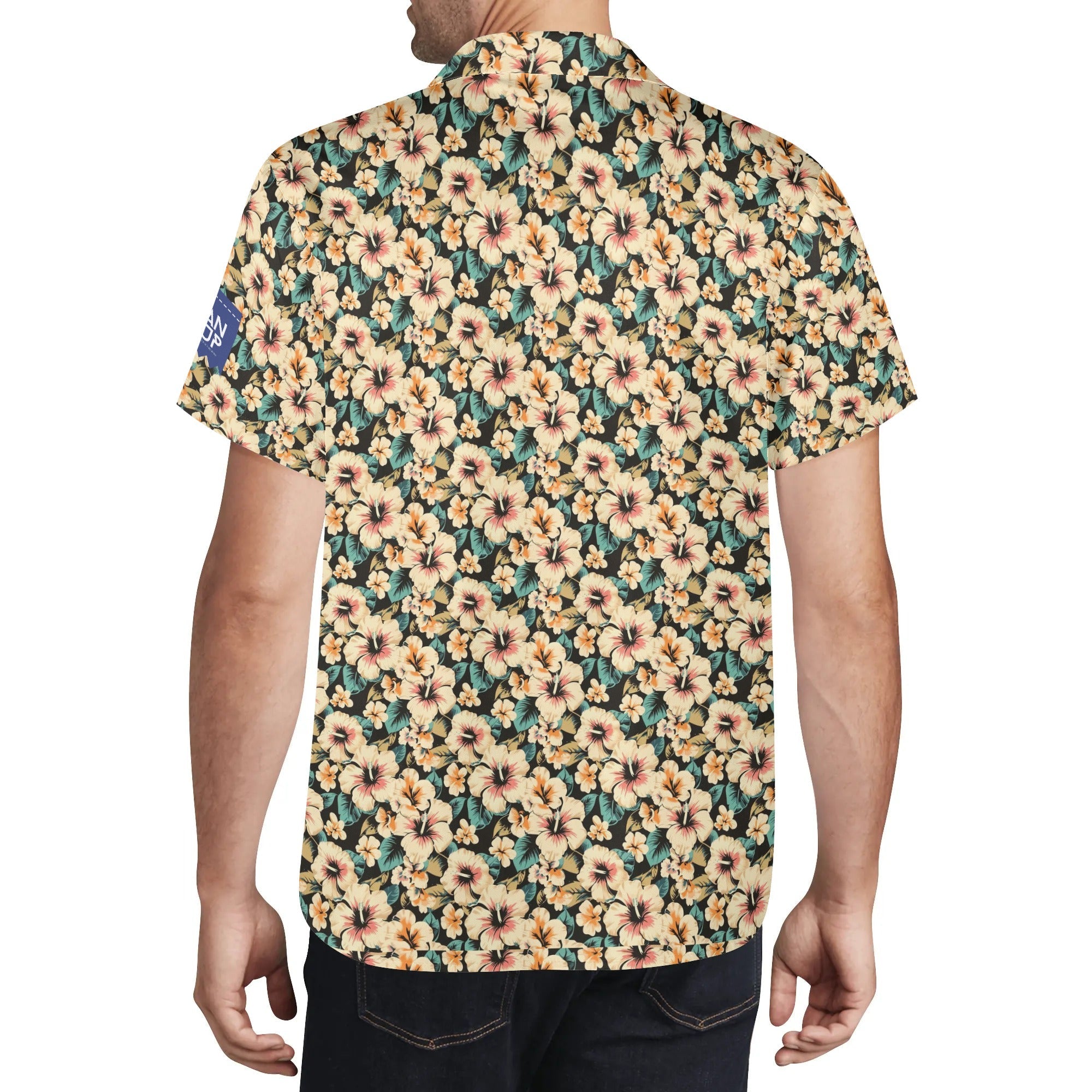 Cool Dad Collection: Mens Yellow Floral Short Sleeve Button Down Shirt with Cuban Collar