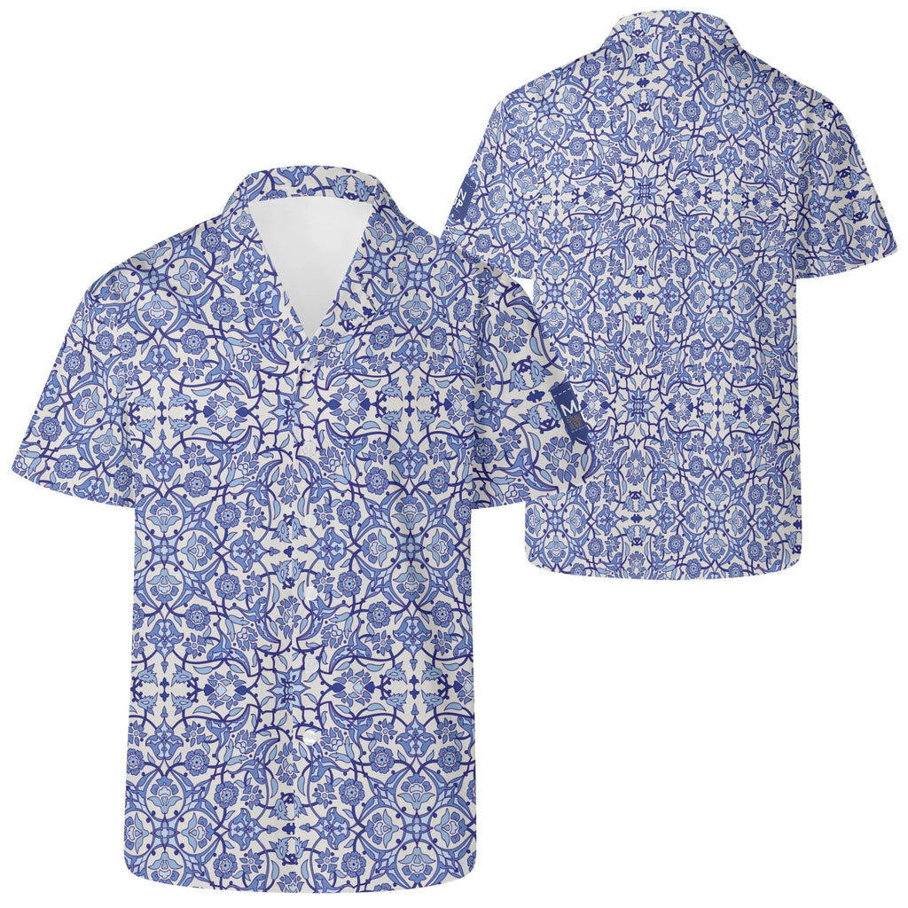 Cool Dad Collection: Mens Blue Kaleidoscope Short Sleeve Button Down Shirt with Cuban Collar