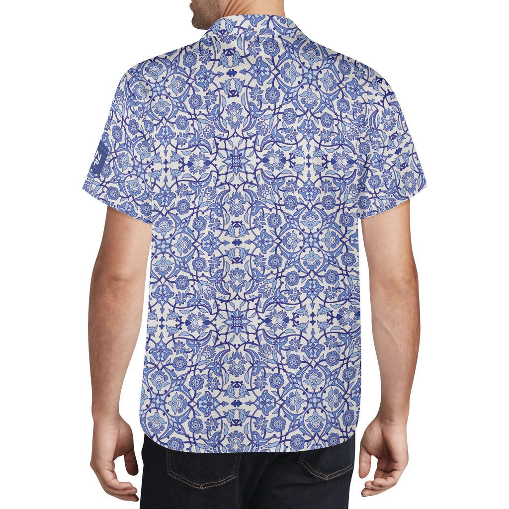 Cool Dad Collection: Mens Blue Kaleidoscope Short Sleeve Button Down Shirt with Cuban Collar
