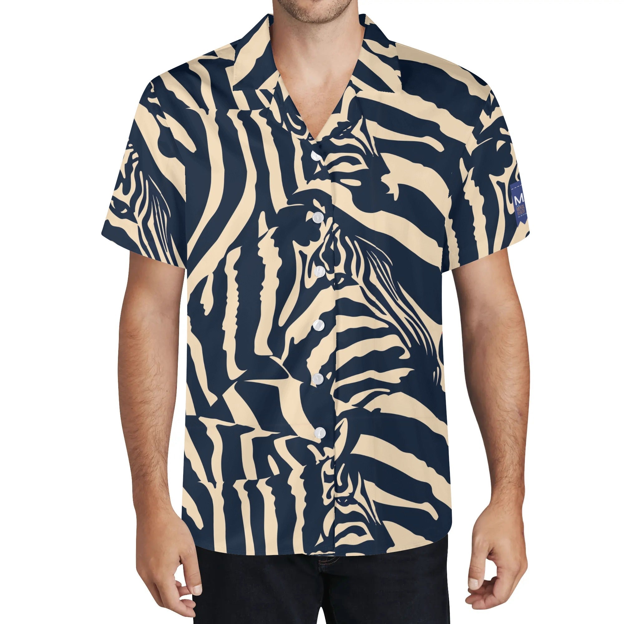 Cool Dad Collection: Men’s Zebra Short Sleeve Button Down Shirt with Cuban Collar