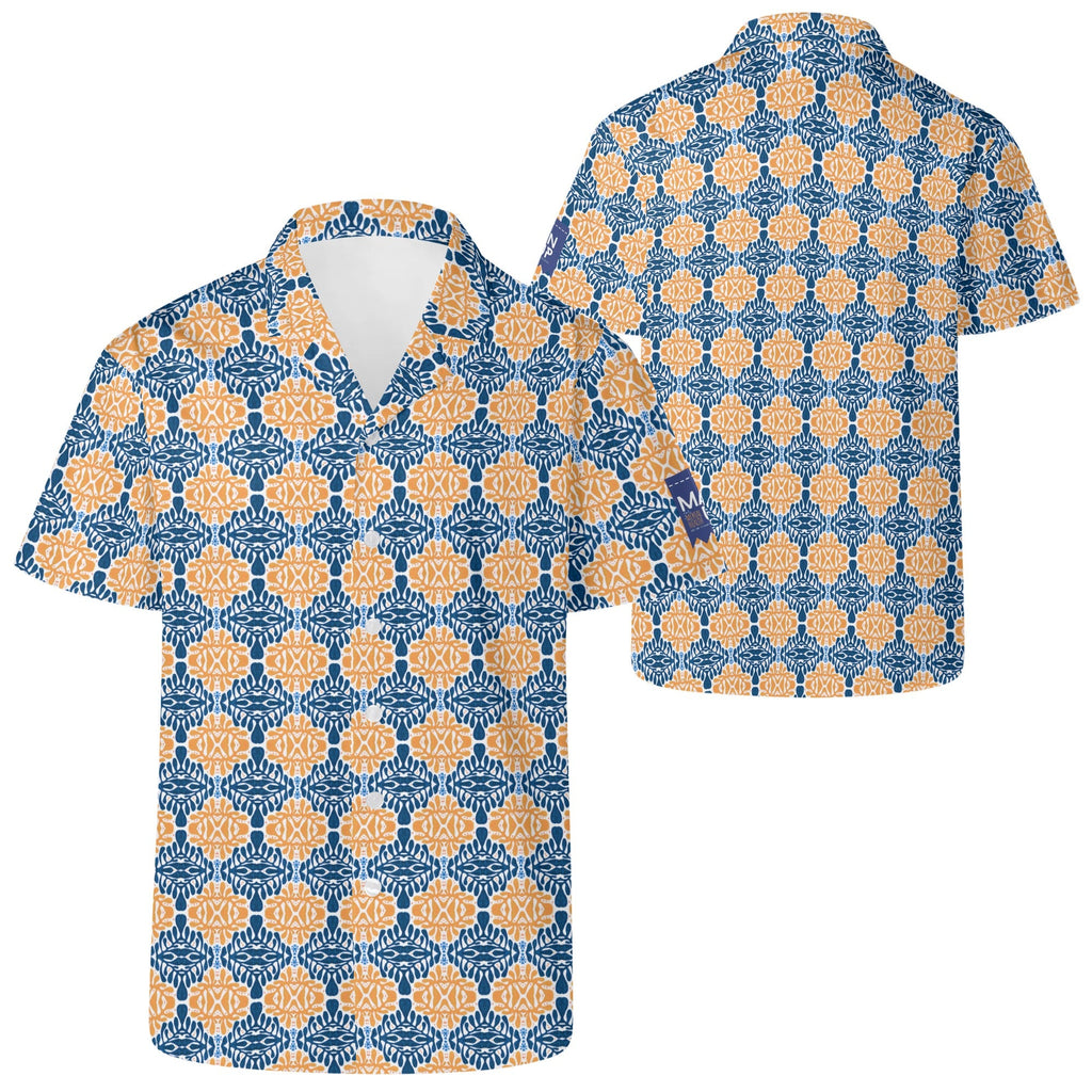 Cool Dad Collection: Mens Blue and Orange Patterned Short Sleeve Button Down Shirt with Cuban Collar