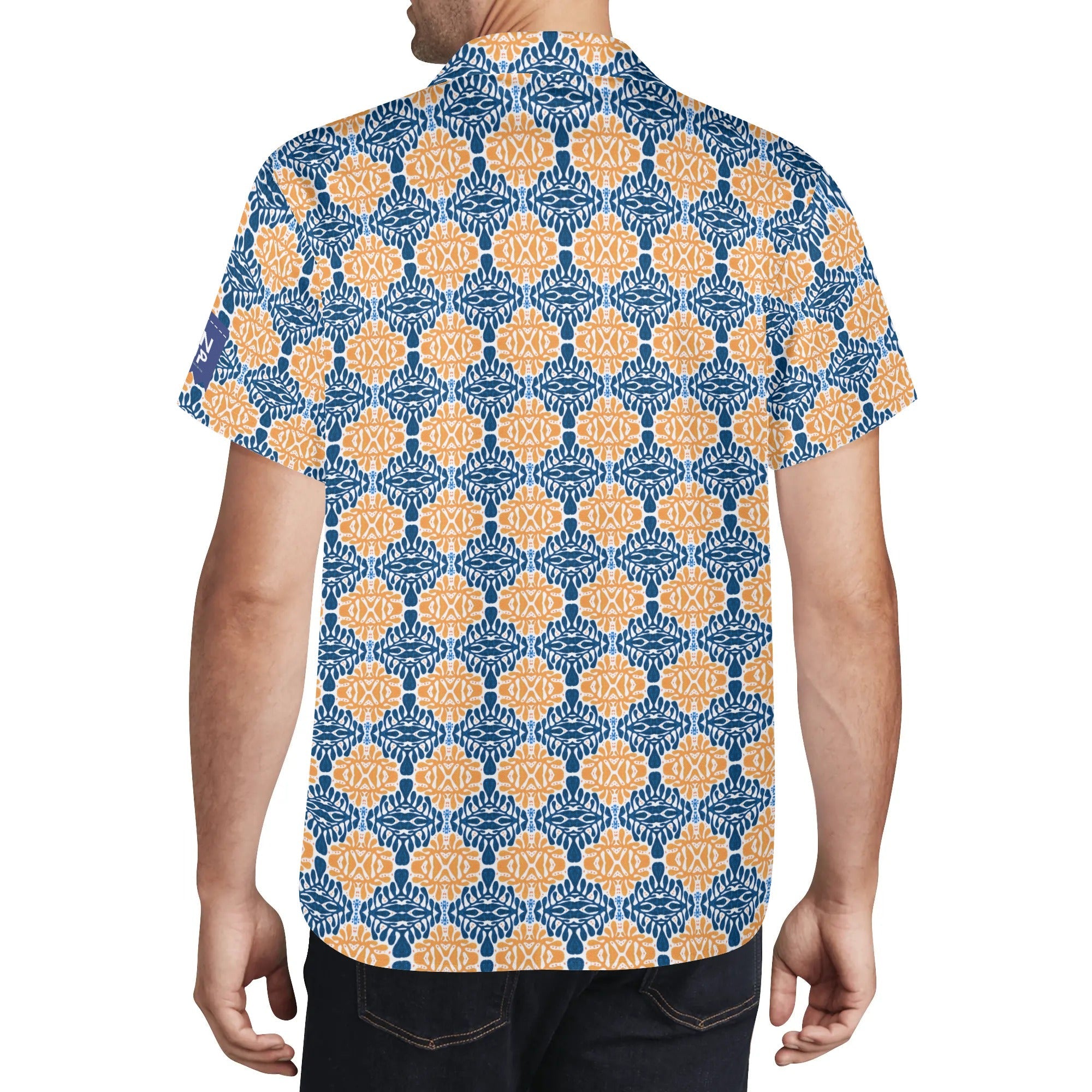 Cool Dad Collection: Mens Blue and Orange Patterned Short Sleeve Button Down Shirt with Cuban Collar