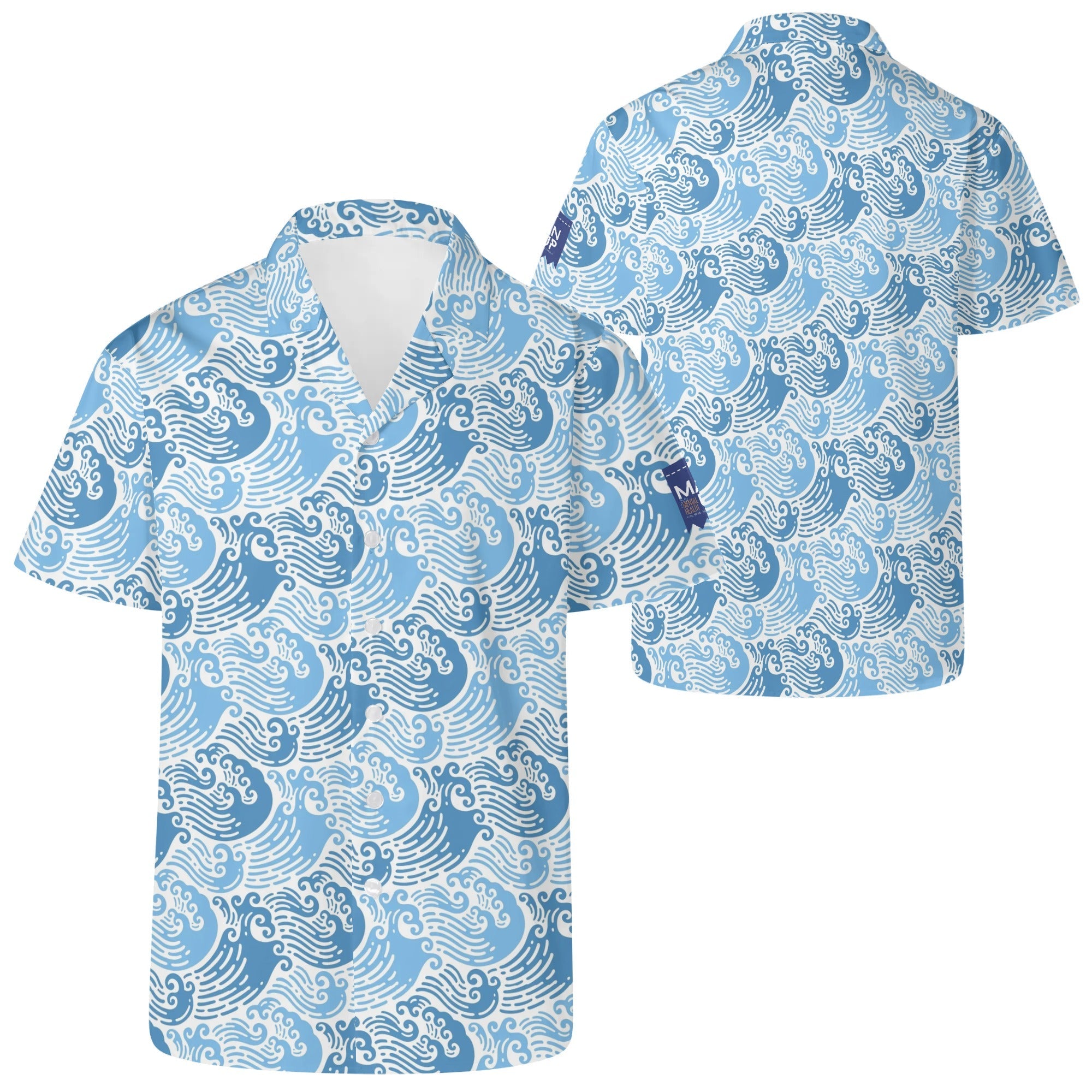 Cool Dad Collection: Men’s Blue Waves 2 Short Sleeve Button Down Shirt with Cuban Collar