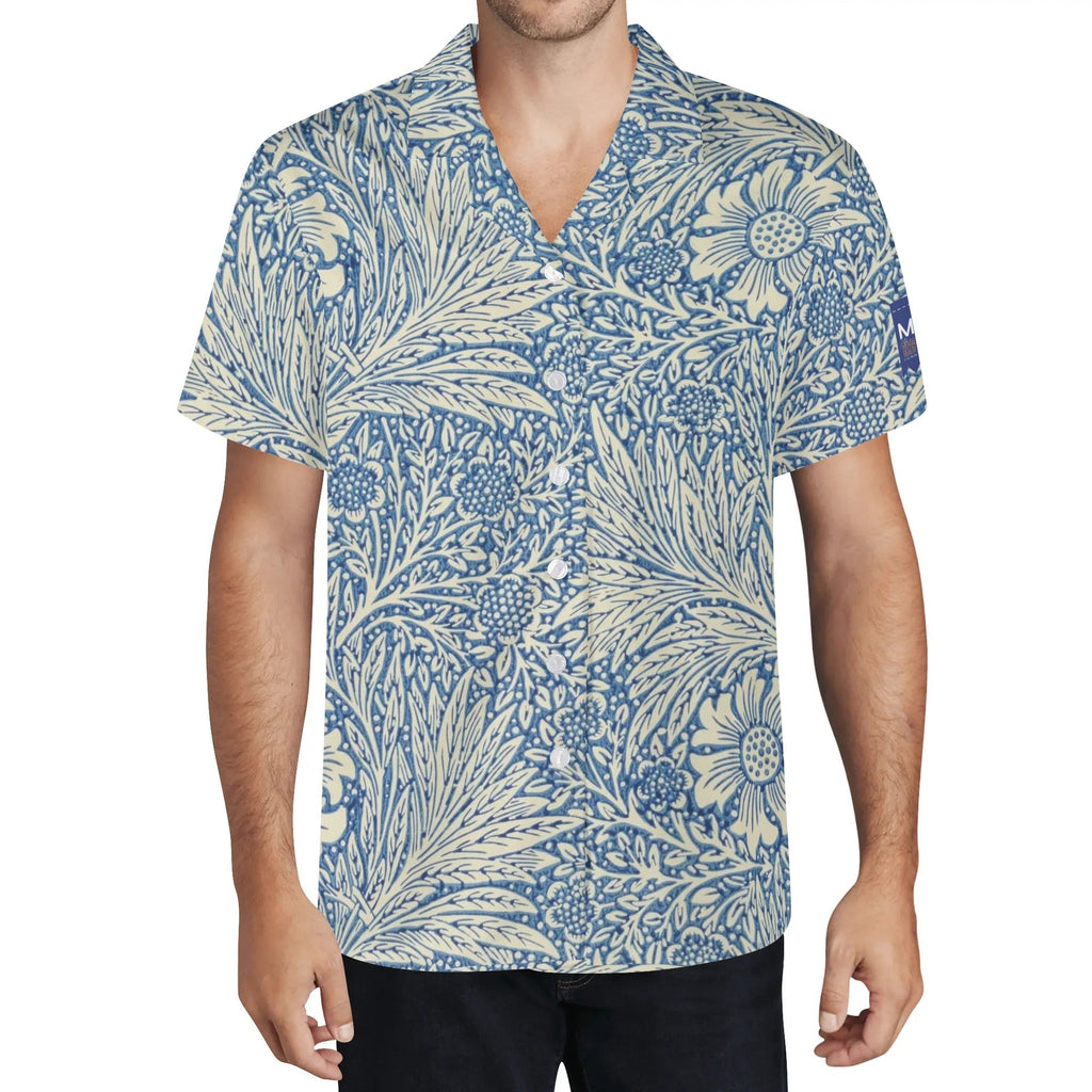 Cool Dad Collection: Men’s Blue Floral Short Sleeve Button Down Shirt with Cuban Collar