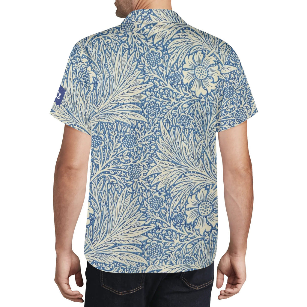 Cool Dad Collection: Men’s Blue Floral Short Sleeve Button Down Shirt with Cuban Collar