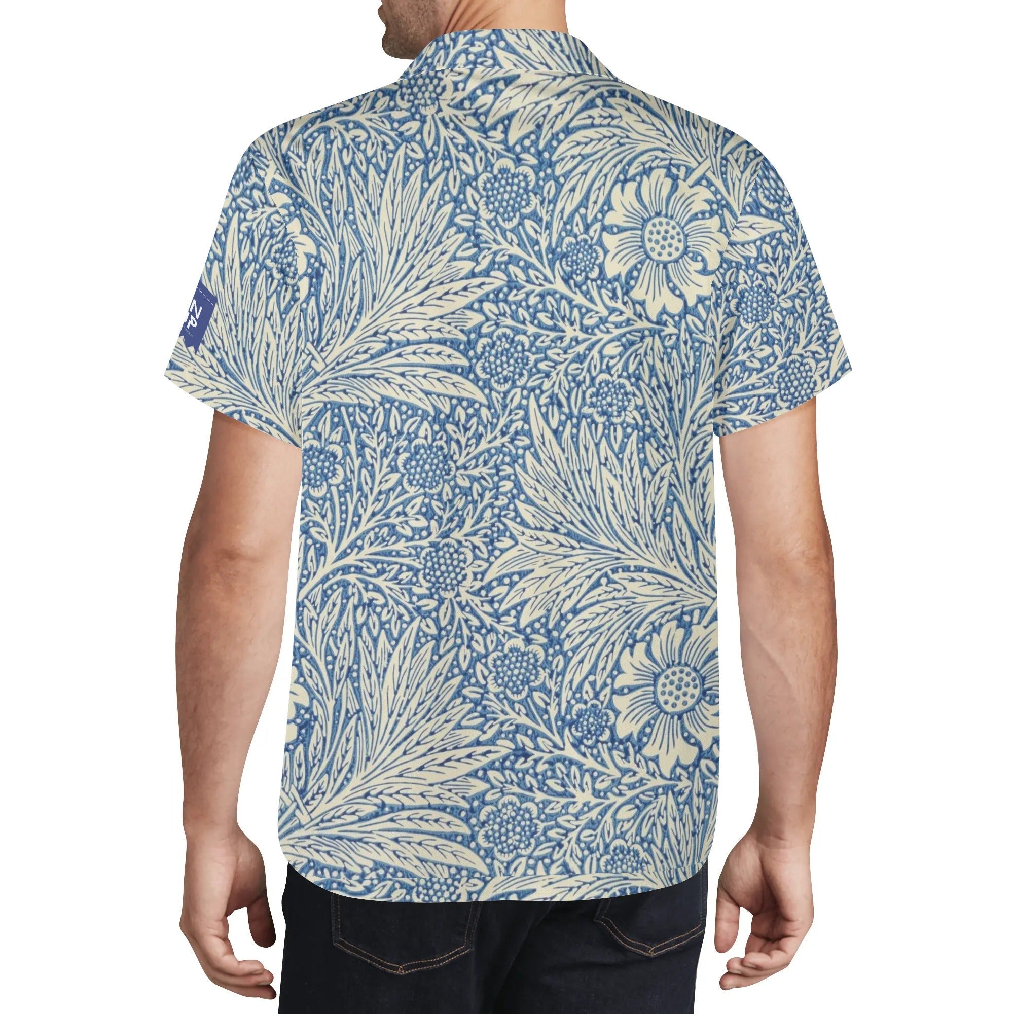 Cool Dad Collection: Men’s Blue Floral Short Sleeve Button Down Shirt with Cuban Collar