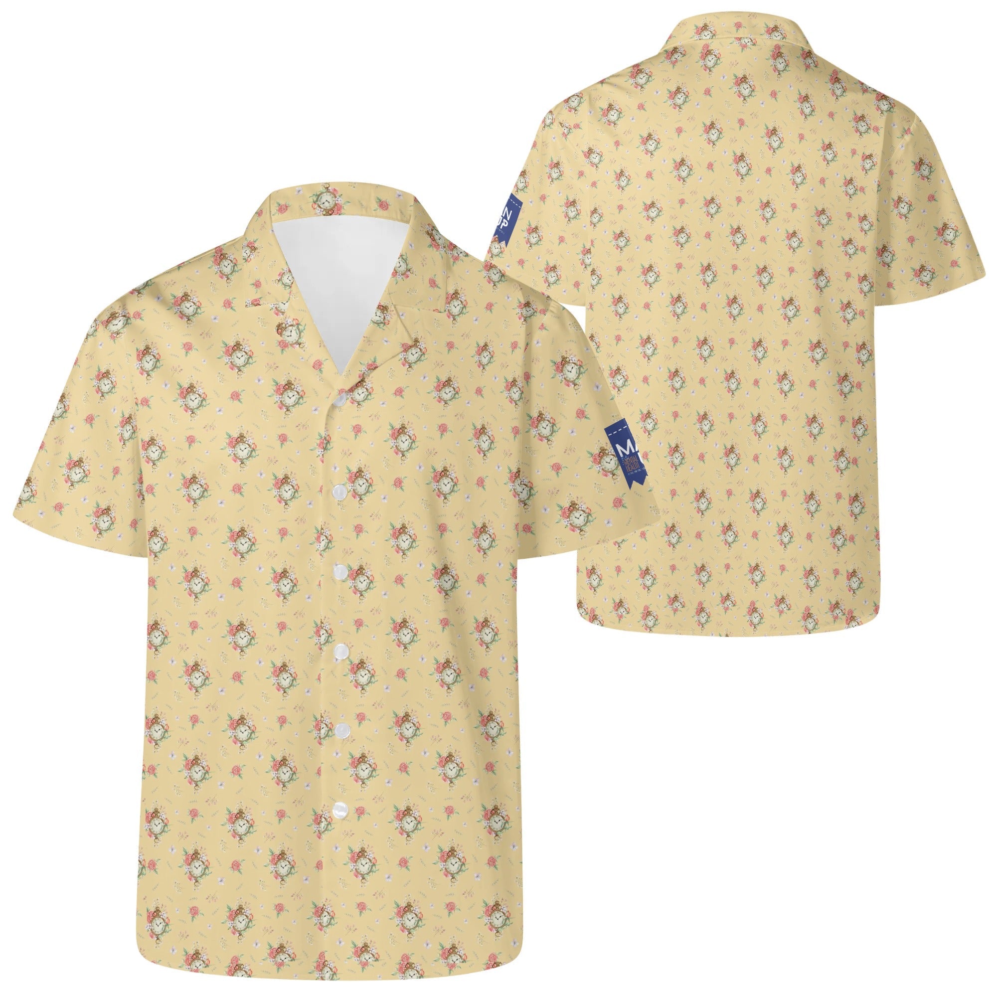 Cool Dad Collection: Men’s Yellow Clocks & Roses Short Sleeve Button Down Shirt with Cuban Collar