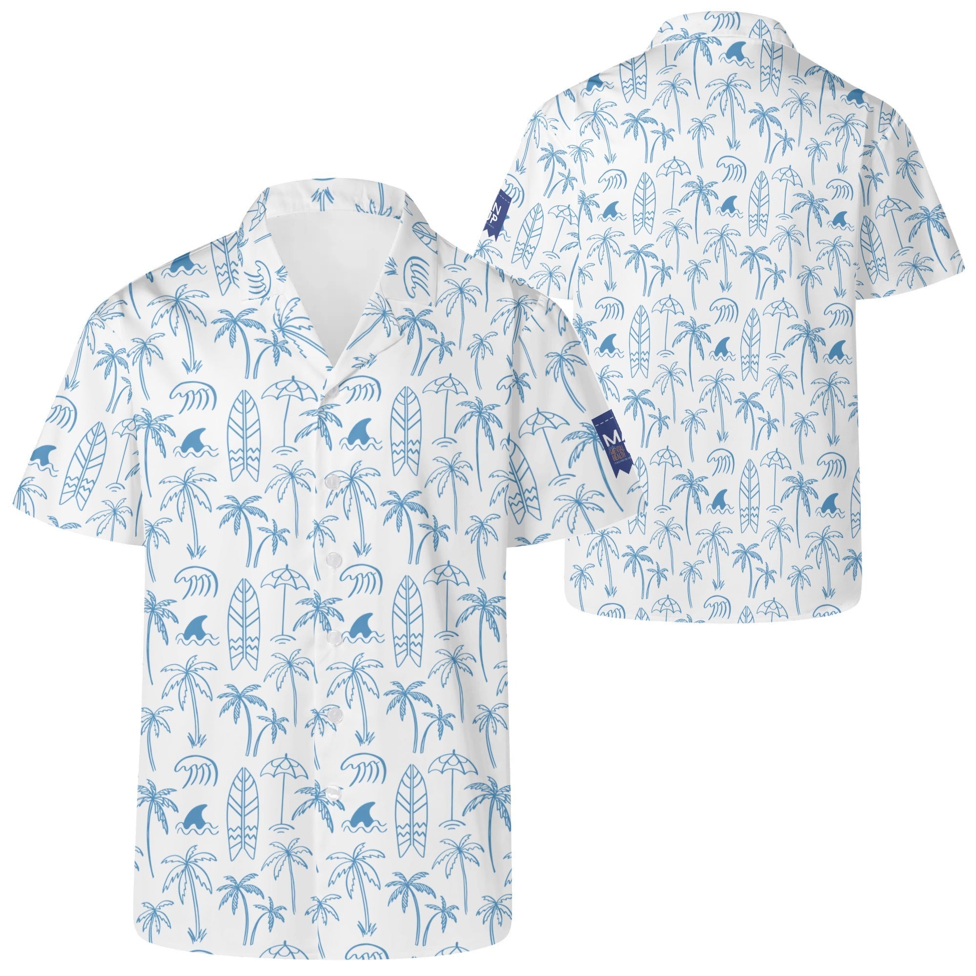 Cool Dad Collection: Men’s Blue and White Surfer Short Sleeve Button Down Shirt with Cuban Collar