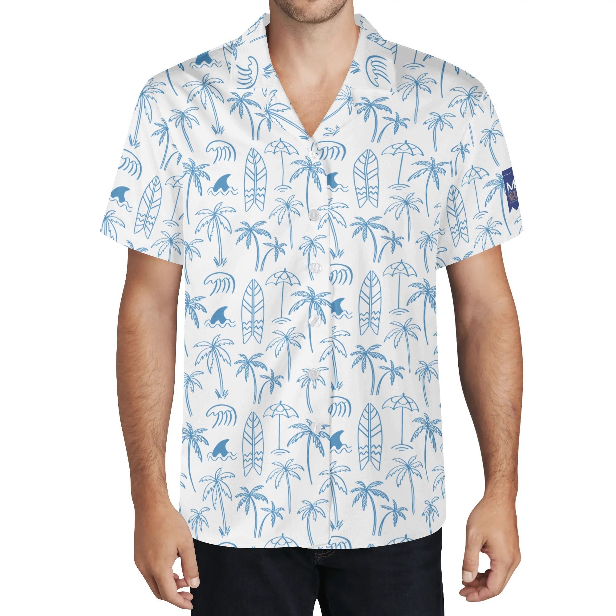 Cool Dad Collection: Men’s Blue and White Surfer Short Sleeve Button Down Shirt with Cuban Collar