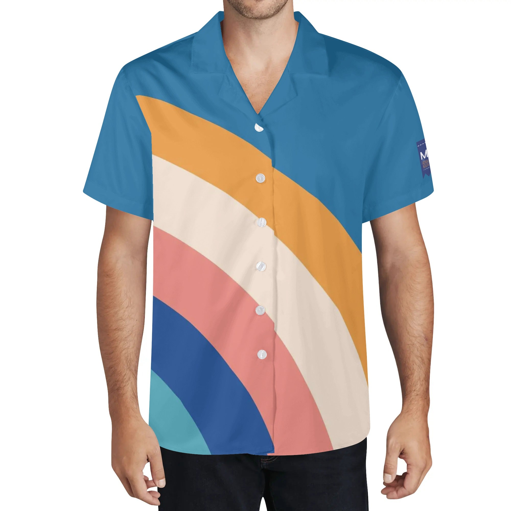 Cool Dad Collection: Men’s Blue Multi-Colored Short Sleeve Button Down Shirt with Cuban Collar