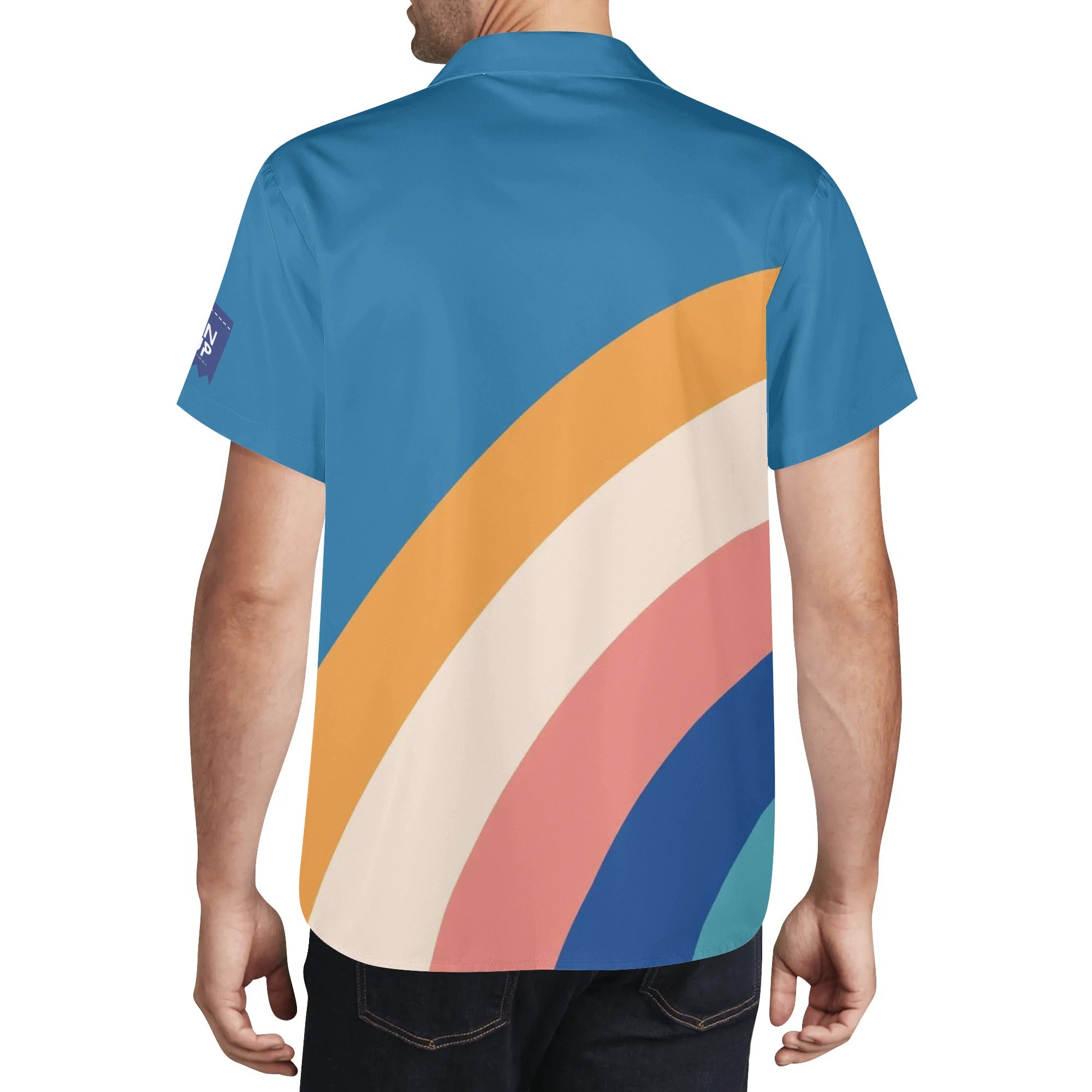 Cool Dad Collection: Men’s Blue Multi-Colored Short Sleeve Button Down Shirt with Cuban Collar