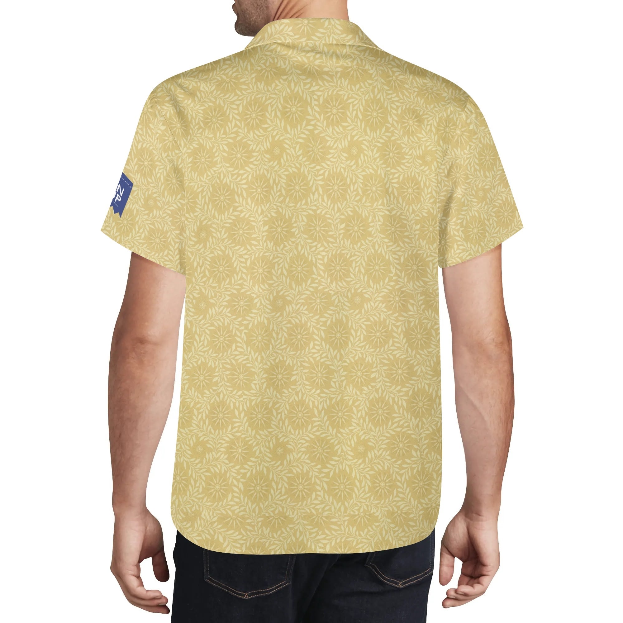 Cool Dad Collection: Men’s Light Yellow Clocks Short Sleeve Button Down Shirt with Cuban Collar