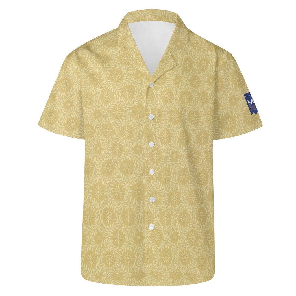 Cool Dad Collection: Men’s Light Yellow Clocks Short Sleeve Button Down Shirt with Cuban Collar