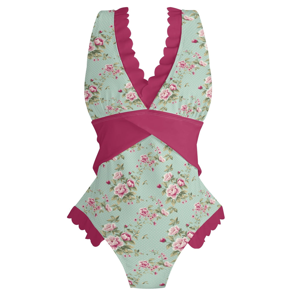 Chic Ruffle Trim Cross-Front One Piece Swimsuit for Women