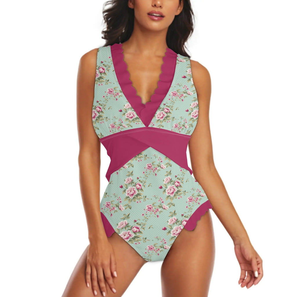 Chic Ruffle Trim Cross-Front One Piece Swimsuit for Women