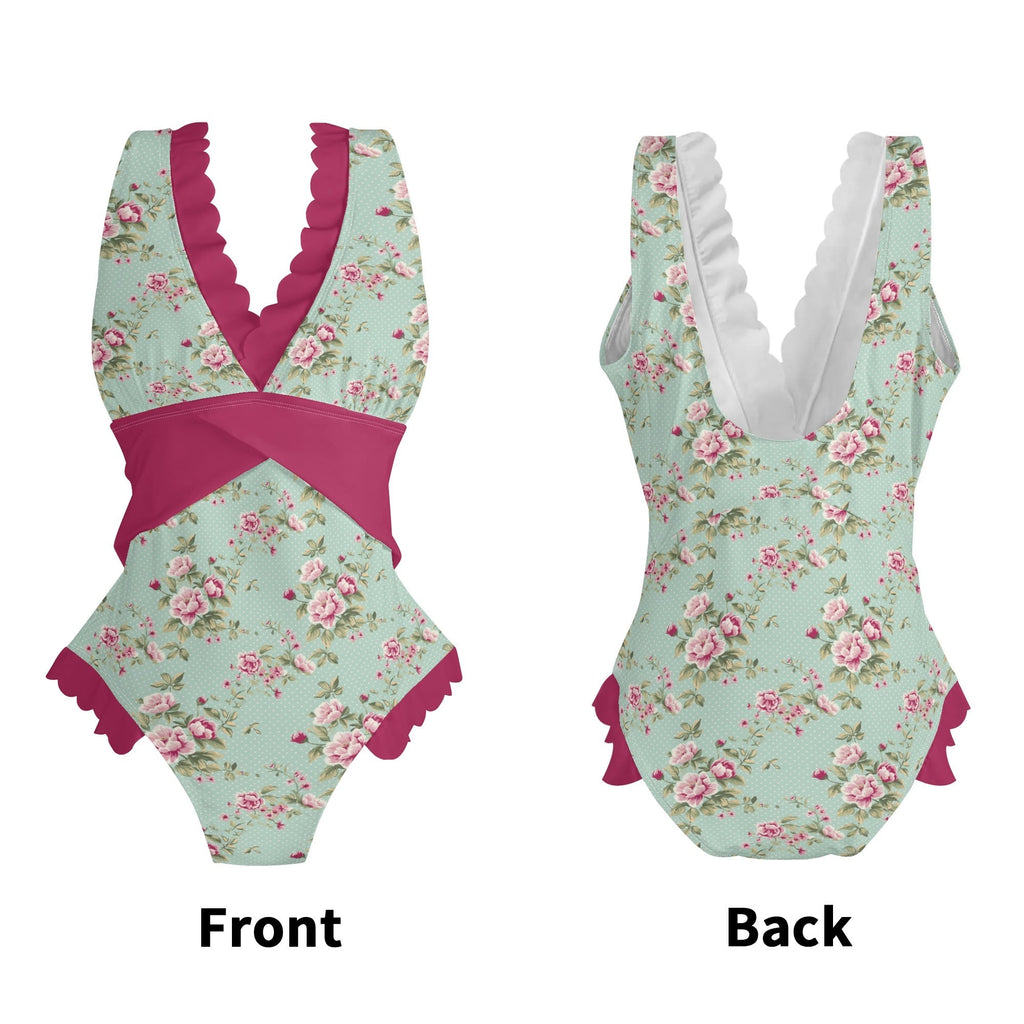 Chic Ruffle Trim Cross-Front One Piece Swimsuit for Women