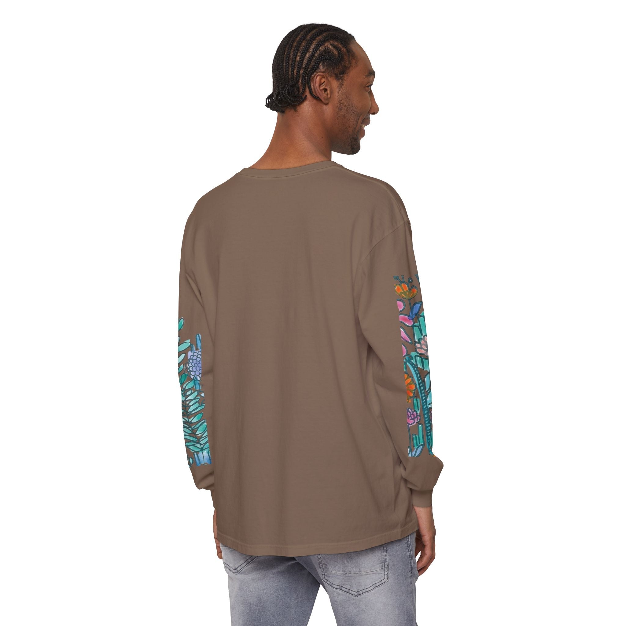 Floral Garden Long Sleeve Shirt — Colorful Botanical Sleeve & Chest Print