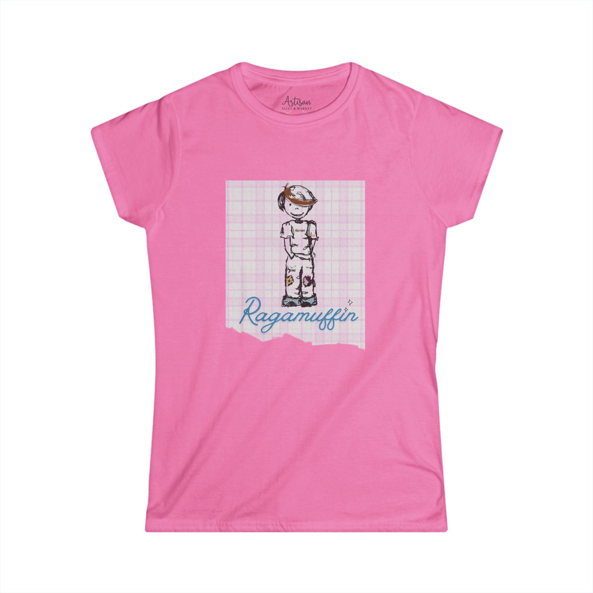 Ragamuffin Graphic Tee — Vintage Kid Illustration on Pink Plaid