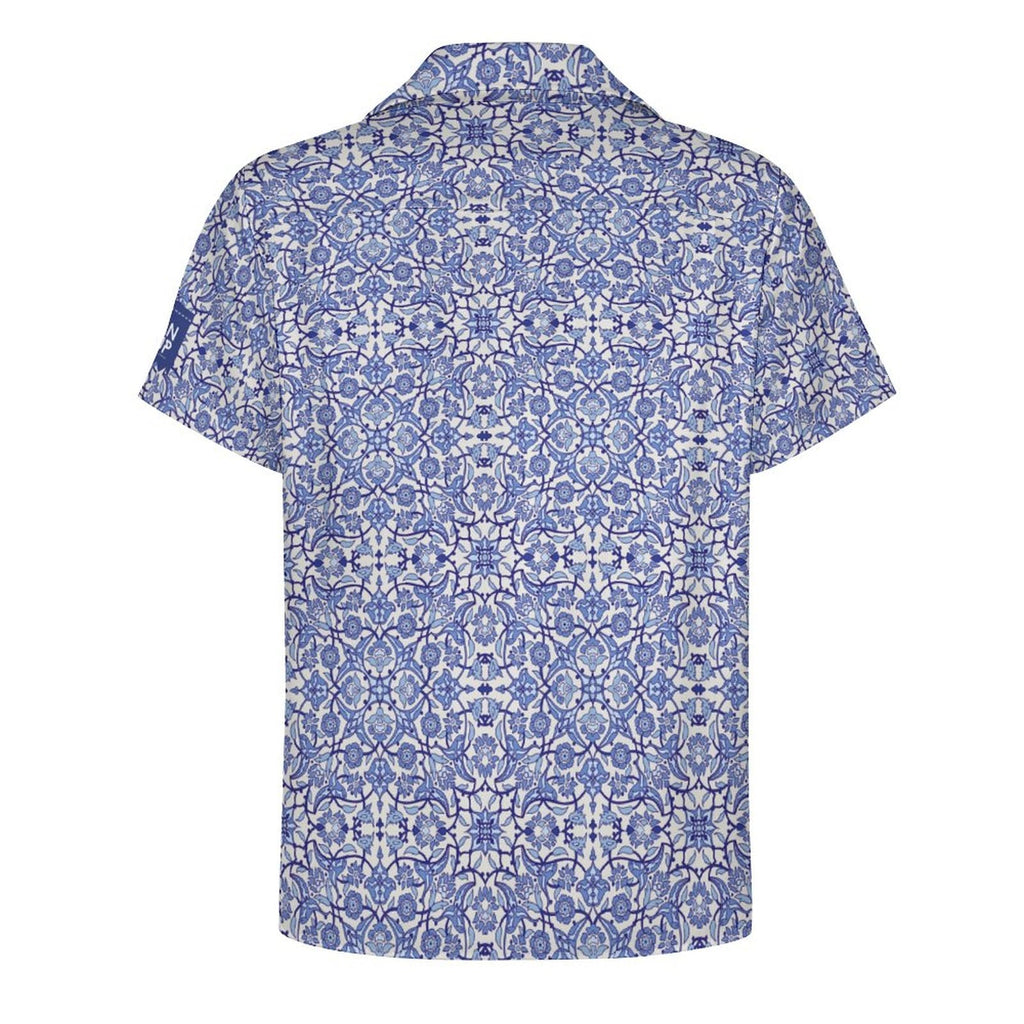 Cool Dad Collection: Men's Blue Kaleidoscope Short Sleeve Button Down Shirt with Cuban Collar