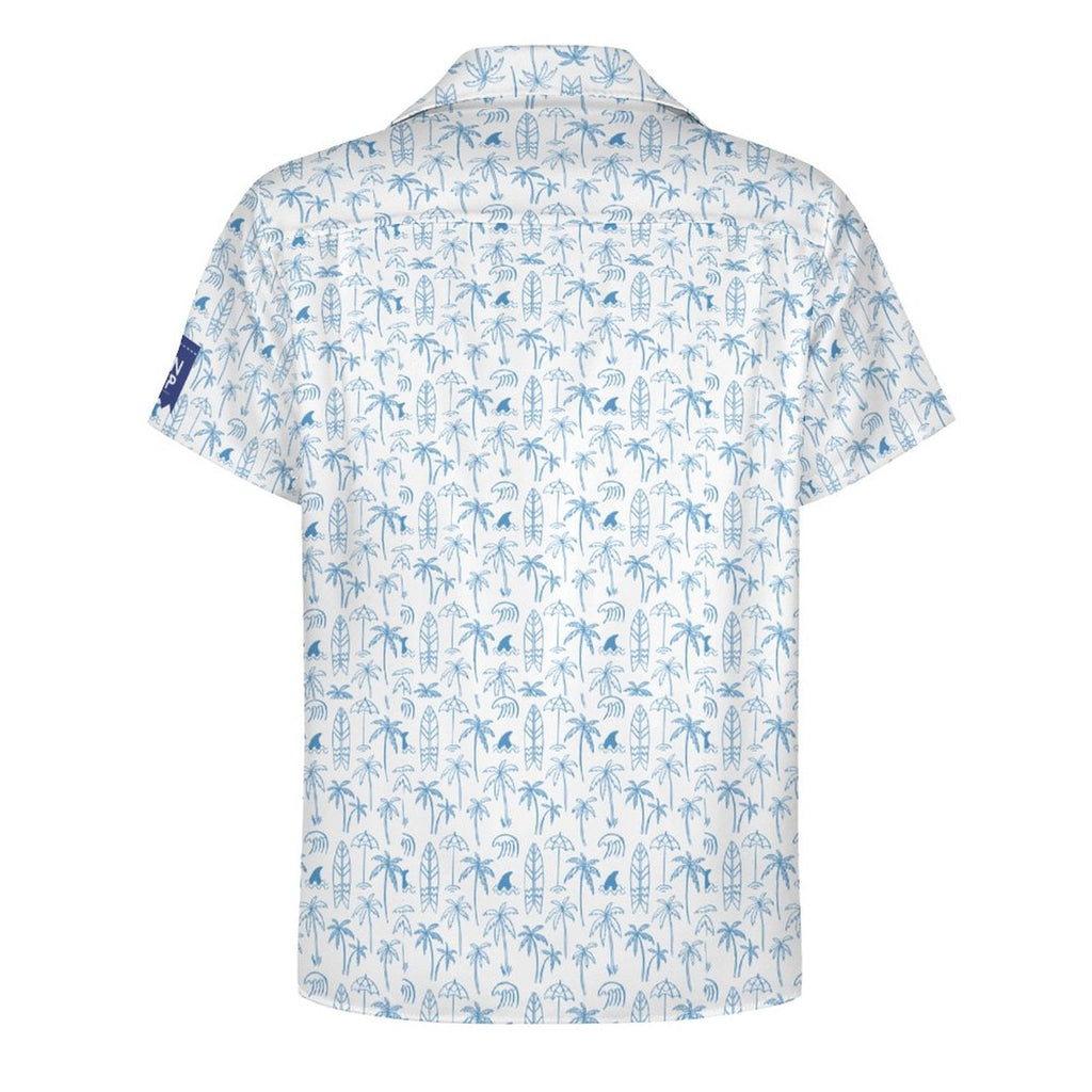 Cool Dad Collection: Men’s Blue and White Surfer Short Sleeve Button Down Shirt with Cuban Collar