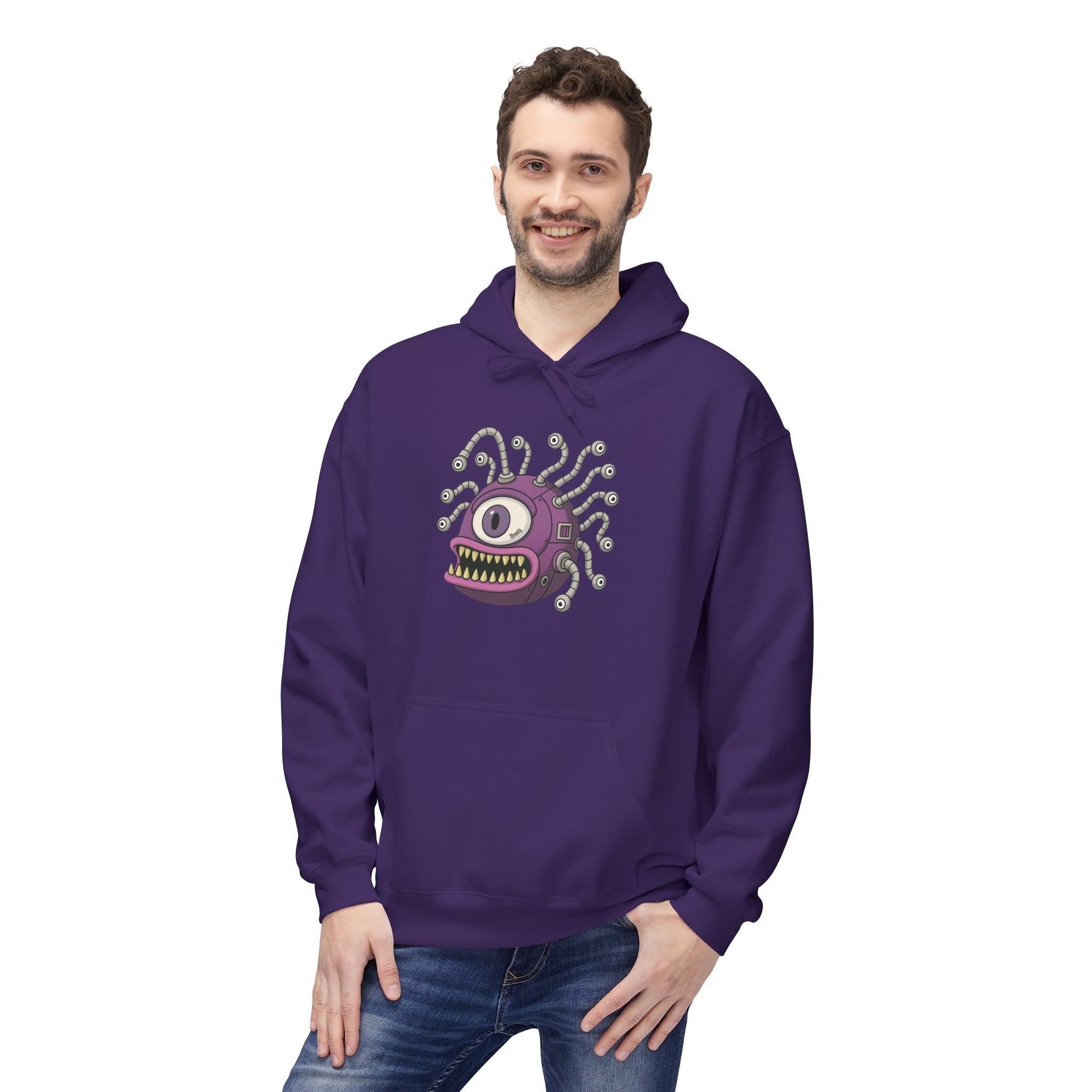 Beholder Monster Hoodie — Purple One-Eyed Creature Pullover