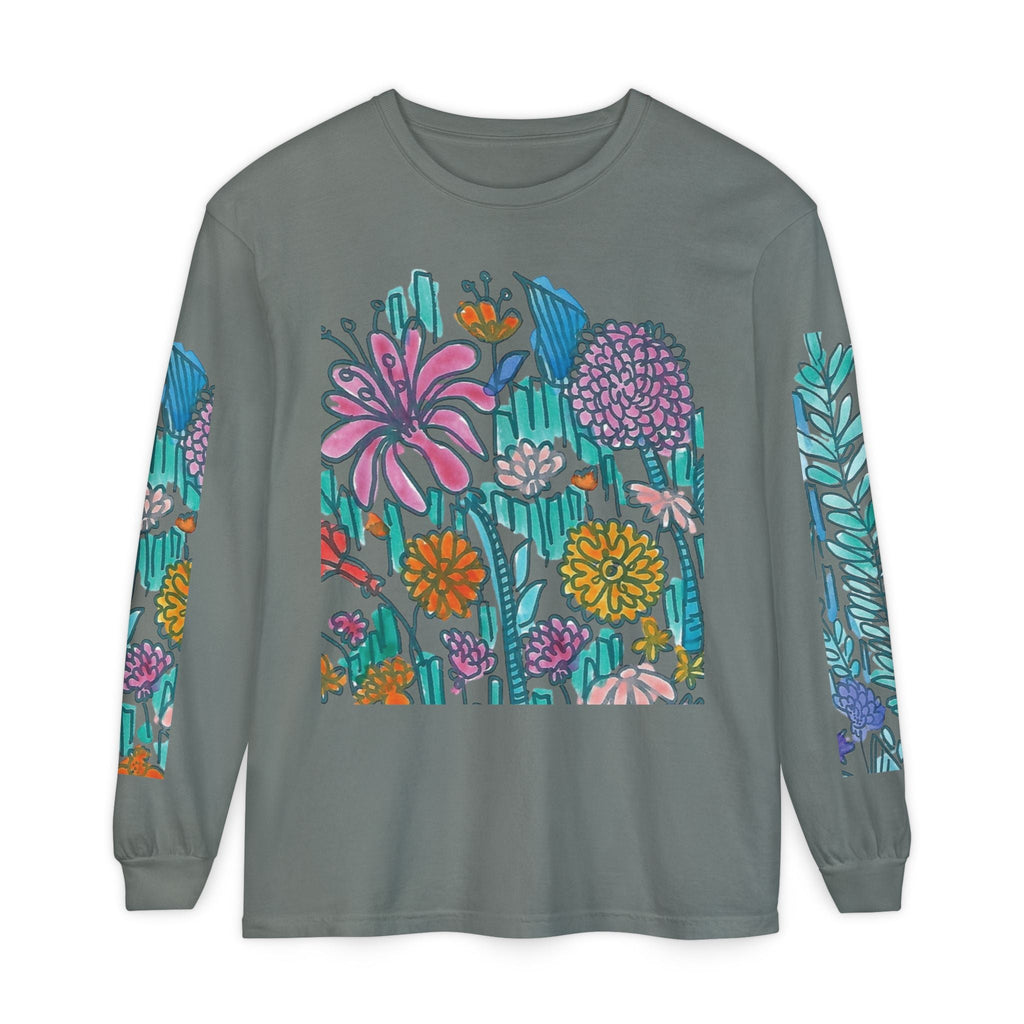 Floral Garden Long Sleeve Shirt — Colorful Botanical Sleeve & Chest Print