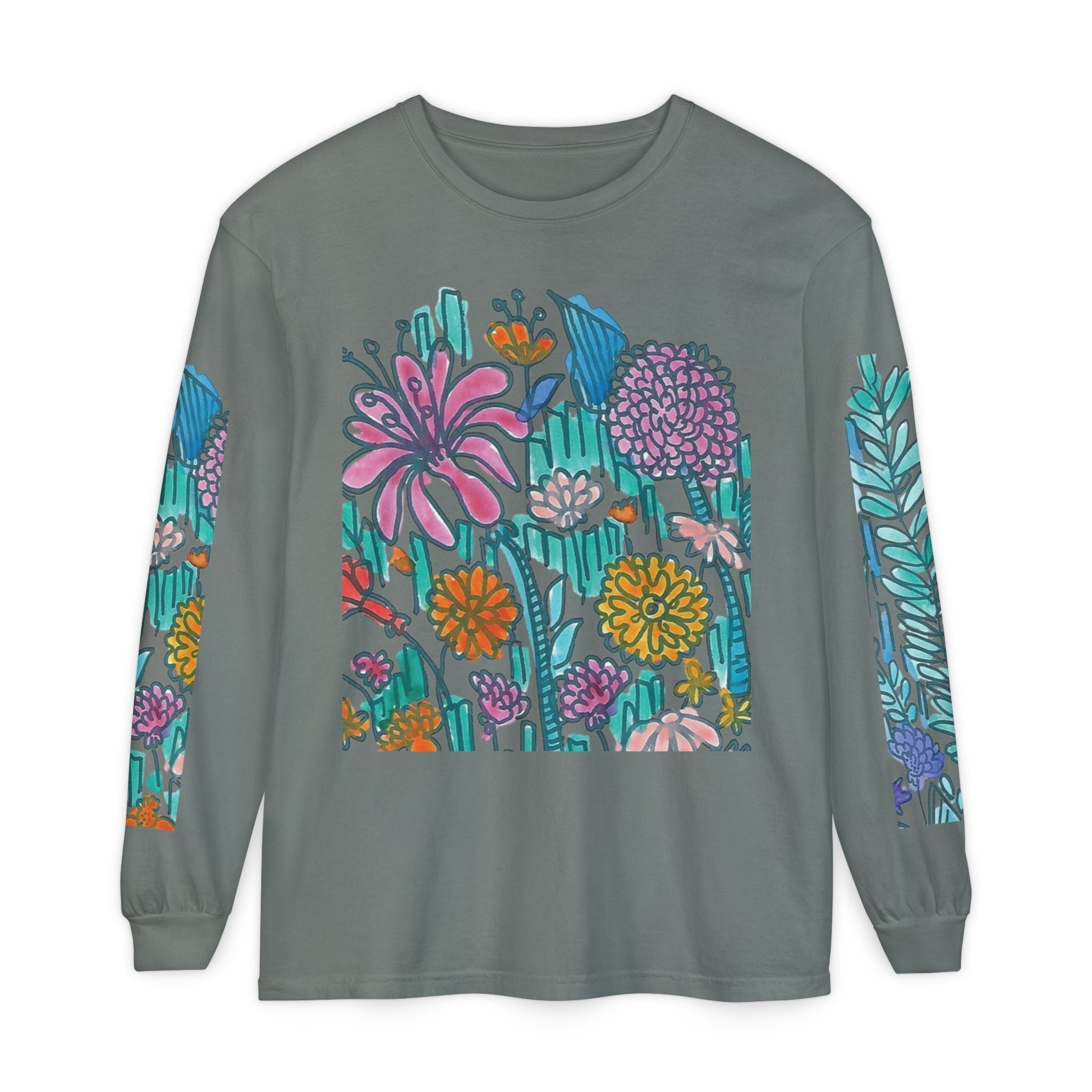 Floral Garden Long Sleeve Shirt — Colorful Botanical Sleeve & Chest Print