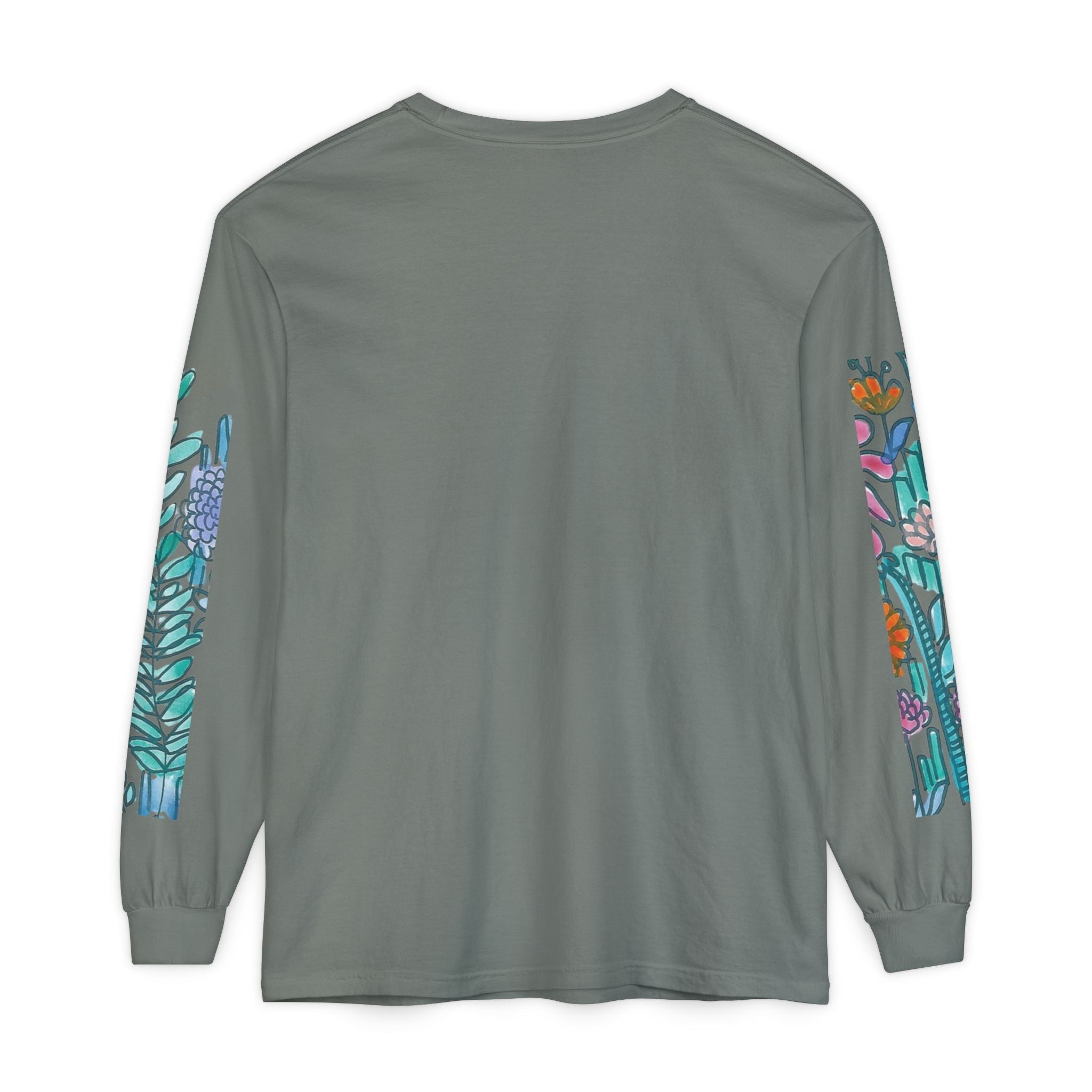 Floral Garden Long Sleeve Shirt — Colorful Botanical Sleeve & Chest Print