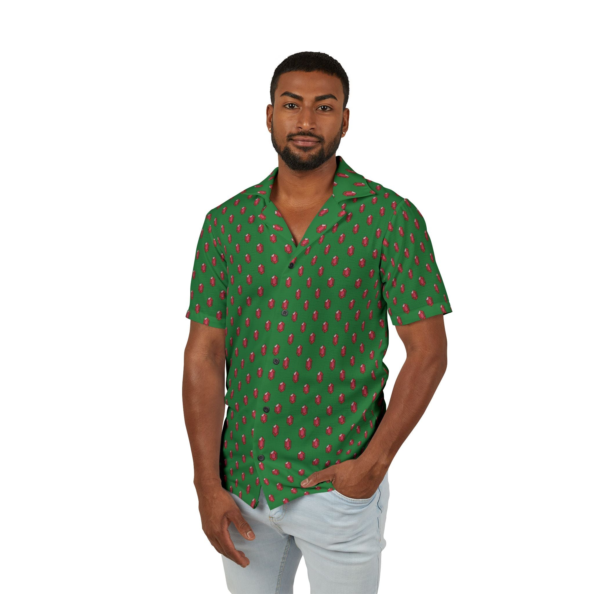 Men's Green with Ruby Gems Hawaiian Camp Shirt