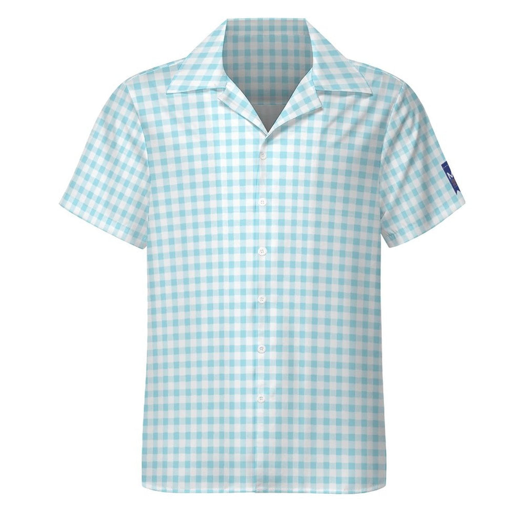 Cool Dad Collection: Men’s Light Blue Checkered Short Sleeve Button Down Shirt with Cuban Collar