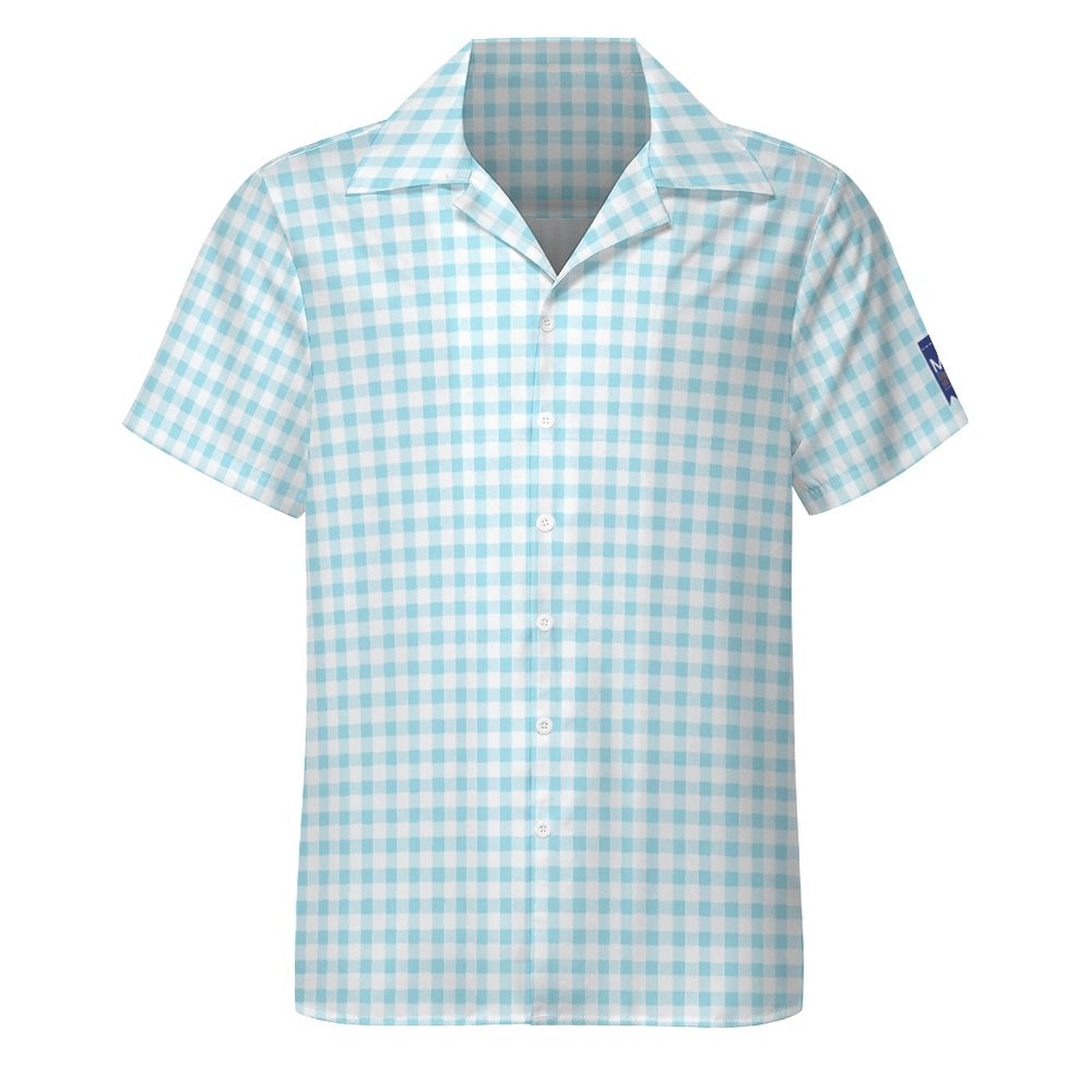 Cool Dad Collection: Men’s Light Blue Checkered Short Sleeve Button Down Shirt with Cuban Collar