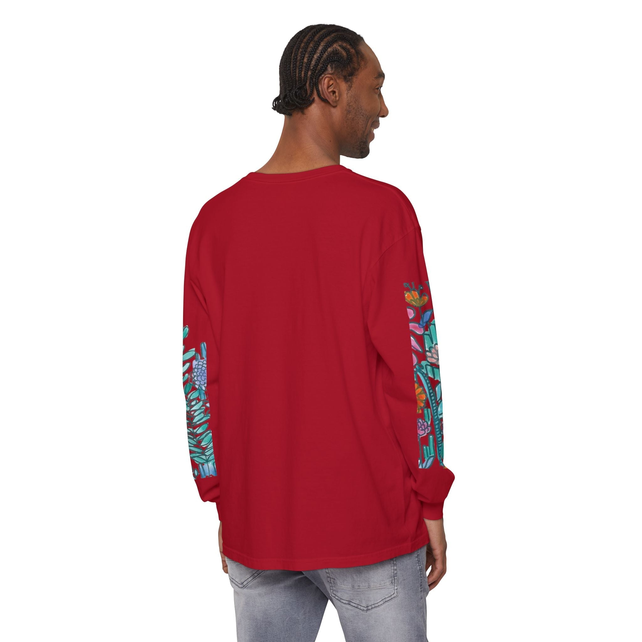 Floral Garden Long Sleeve Shirt — Colorful Botanical Sleeve & Chest Print