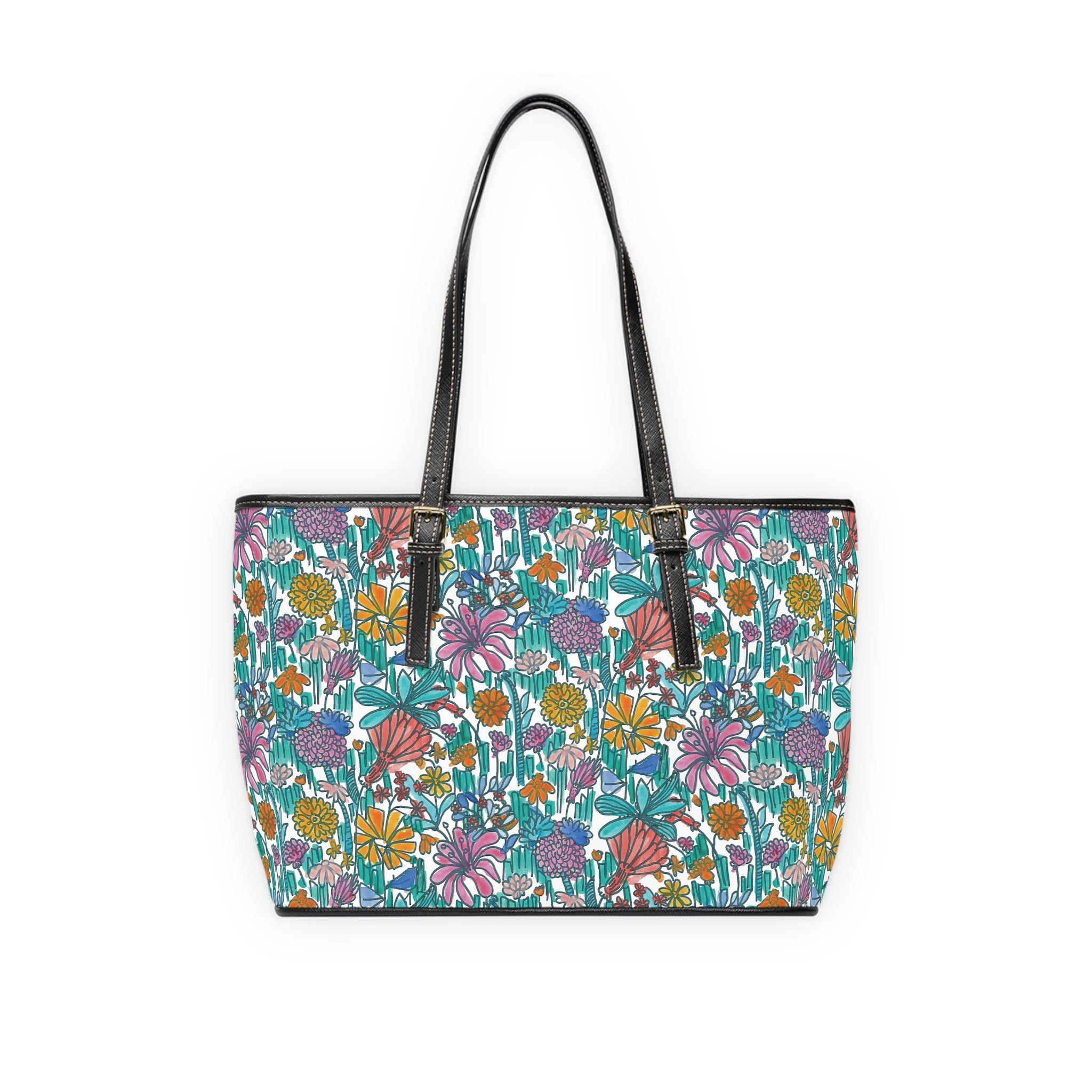 Floral Garden PU Leather Shoulder Tote — Colorful Wildflower Print