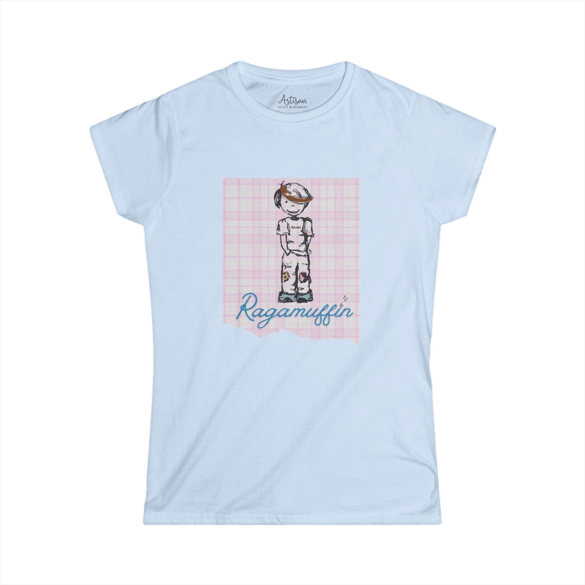 Ragamuffin Graphic Tee — Vintage Kid Illustration on Pink Plaid