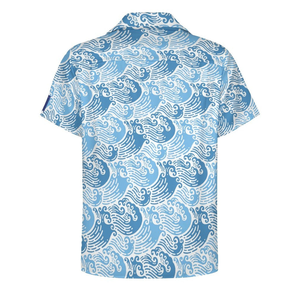 Cool Dad Collection: Men’s Blue Waves 2 Short Sleeve Button Down Shirt with Cuban Collar
