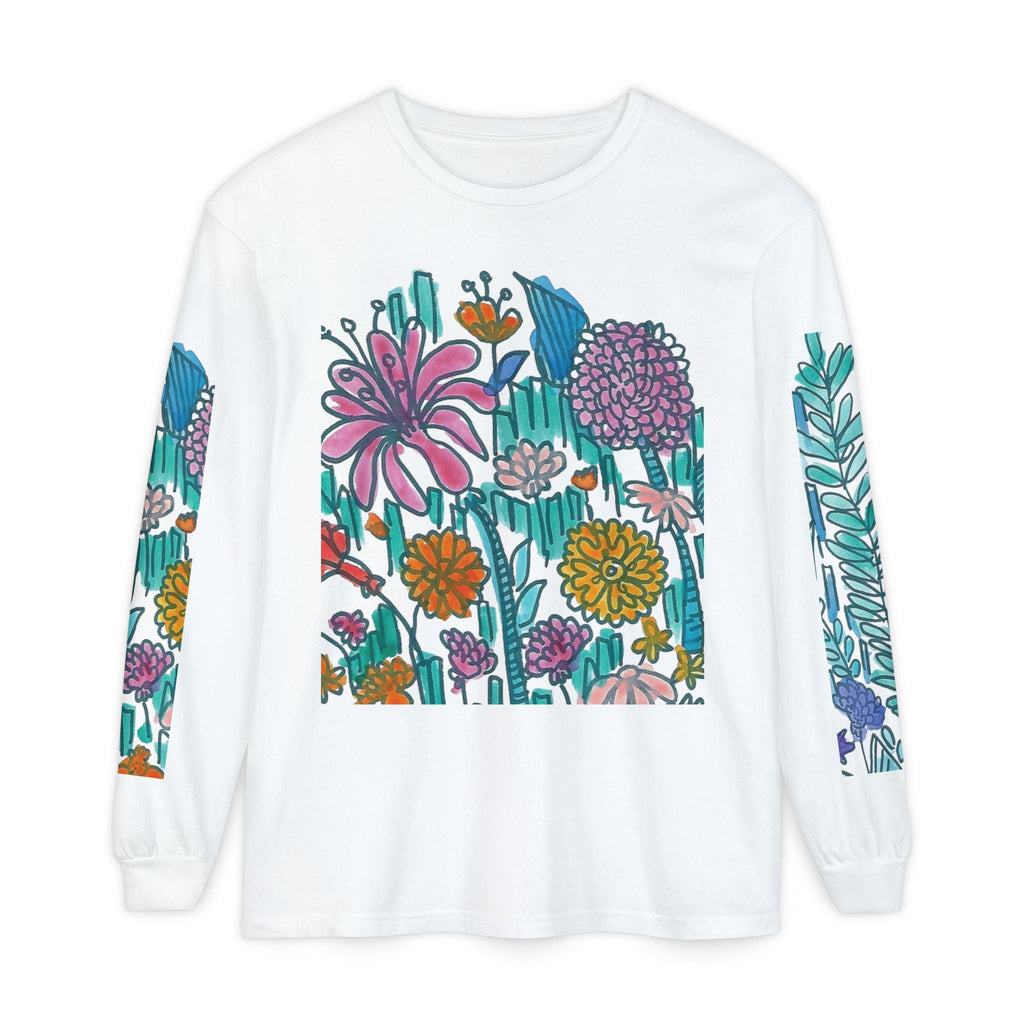 Floral Garden Long Sleeve Shirt — Colorful Botanical Sleeve & Chest Print