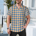 Cool Dad Collection: Men's Blue and Orange Patterned Short Sleeve Button Down Shirt with Cuban Collar