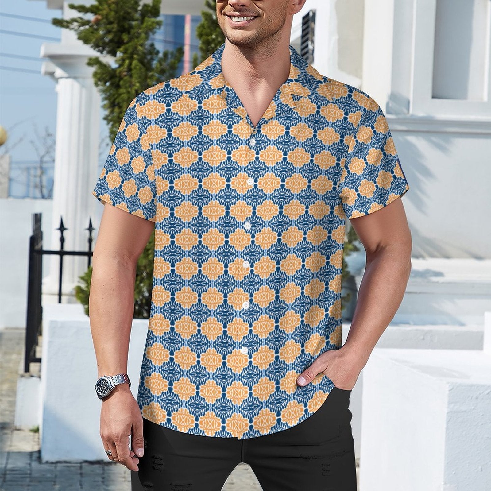 Cool Dad Collection: Men's Blue and Orange Patterned Short Sleeve Button Down Shirt with Cuban Collar