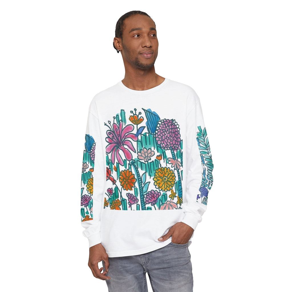 Floral Garden Long Sleeve Shirt — Colorful Botanical Sleeve & Chest Print